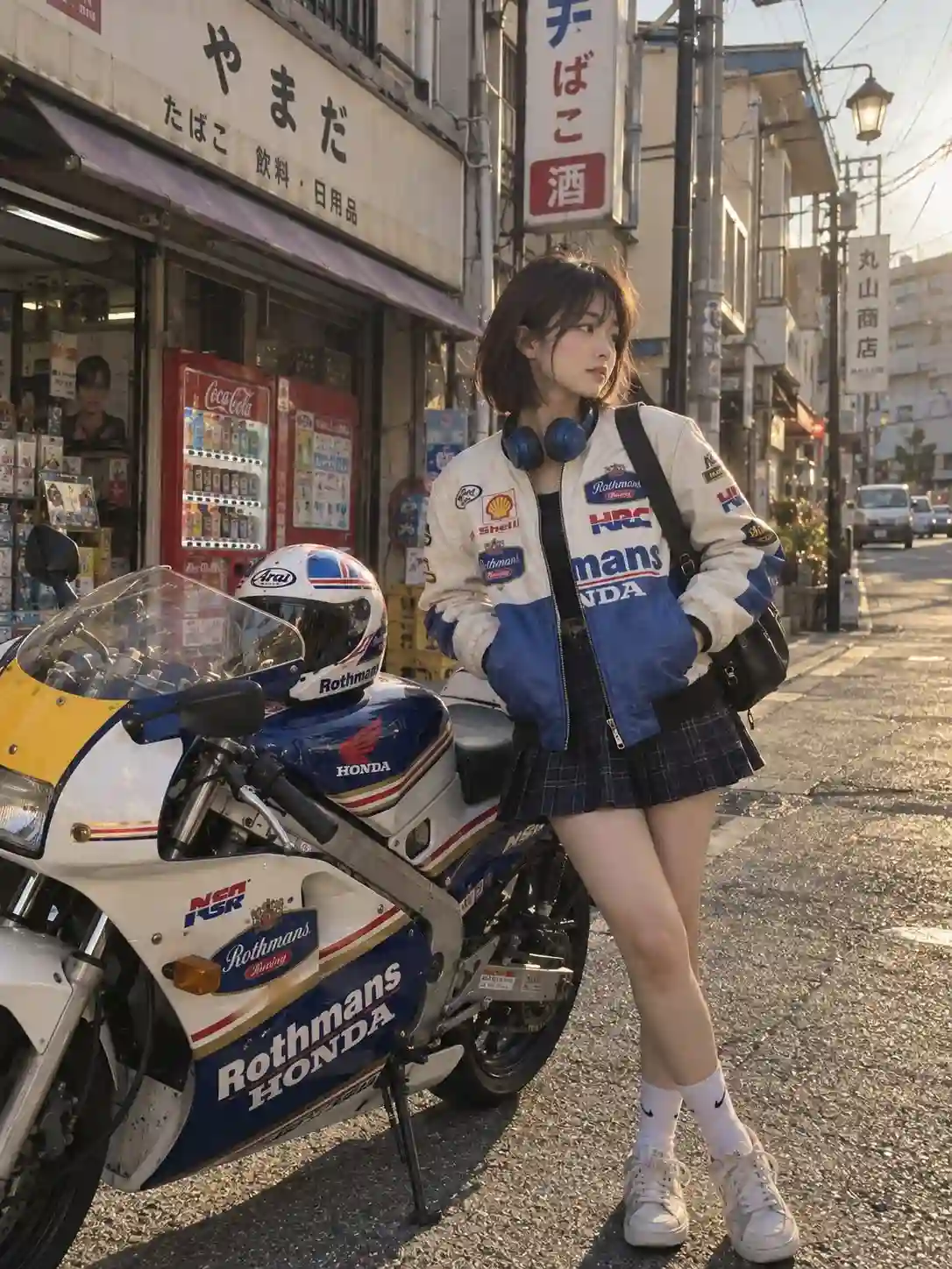 trend prompt: Create a premium editorial-style illustrated travel poster inspired by the uploaded reference image. Keep the overall composition, character styling, motorcycle placement, typography layout, and color palette visually consistent, but use completely fresh wording and phrasing. A stylish young East Asian woman stands confidently beside a classic vintage racing motorcycle. She has a short, slightly tousled dark-brown bob with loose bangs, with blue over-ear headphones resting around her neck. She wears a white-and-blue retro racing jacket covered in colorful motorsport patches, a black top underneath, a dark navy plaid pleated mini skirt, white crew socks, and chunky white sneakers. A black shoulder bag hangs from one shoulder. The motorcycle is positioned prominently on the lower-left side of the composition, featuring a classic white, blue, yellow, and red racing livery, detailed fairings, wheels, mirrors, mechanical parts, and a matching racing helmet placed on the motorcycle. Use a soft hand-painted editorial illustration style with realistic anatomy and detailed textures, subtle watercolor washes, pencil-like linework, gentle paint splatters, and a refined vintage fashion-magazine aesthetic. The background should be warm off-white textured paper with plenty of clean negative space. At the upper-left, add large elegant handwritten brush lettering reading "Tokyo". Beneath it, place small uppercase spaced typography: SAME ROADS DIFFERENT DREAMS On the right side, include three small irregular painted color swatches in deep navy blue, golden yellow, and muted brick red, followed by a pale beige swatch. At the lower-right, add minimal editorial typography: 2026 - GOOD THINGS AHEAD Balanced fashion-poster composition, sophisticated Japanese street-racing mood, premium magazine design, subtle paper grain, restrained vintage palette, artistic but highly detailed character and motorcycle, clean typography placement, elegant negative space, vertical 3:4 aspect ratio