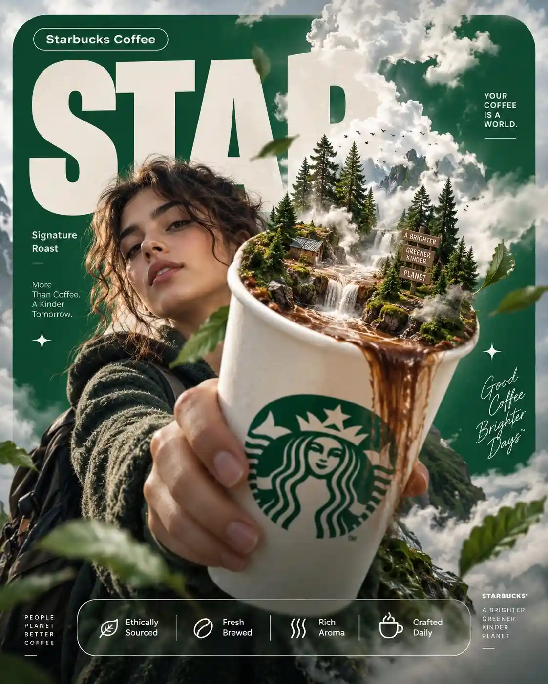 trend prompt: 4:5 vertical premium poster, 8K, bold commercial layout × surreal realism CORE IDEA: "YOUR COFFEE IS A WORLD." LAYOUT (INSPIRED BY SOURCE): BACKGROUND BLOCK: Large rounded rectangle in deep Starbucks green GIANT TYPOGRAPHY: "STAR" bold, cropped, sitting behind subject SUBJECT: Young adult holding Starbucks cup toward camera same perspective as reference (foreground dominance) calm expression, slight curiosity PRODUCT + SURREAL TWIST: Starbucks cup in hand → Inside the cup: - miniature forest ecosystem - tiny waterfall of coffee flowing - mist rising into sky Steam morphs into clouds above subject GRAPHIC ELEMENTS: - sparkle icons ✦ - soft fog layers - floating leaves TEXT SYSTEM: Top pill: "Starbucks Coffee" Small text: "Signature Roast" BOTTOM FEATURE STRIP: - Ethically Sourced - Fresh Brewed - Rich Aroma - Crafted Daily