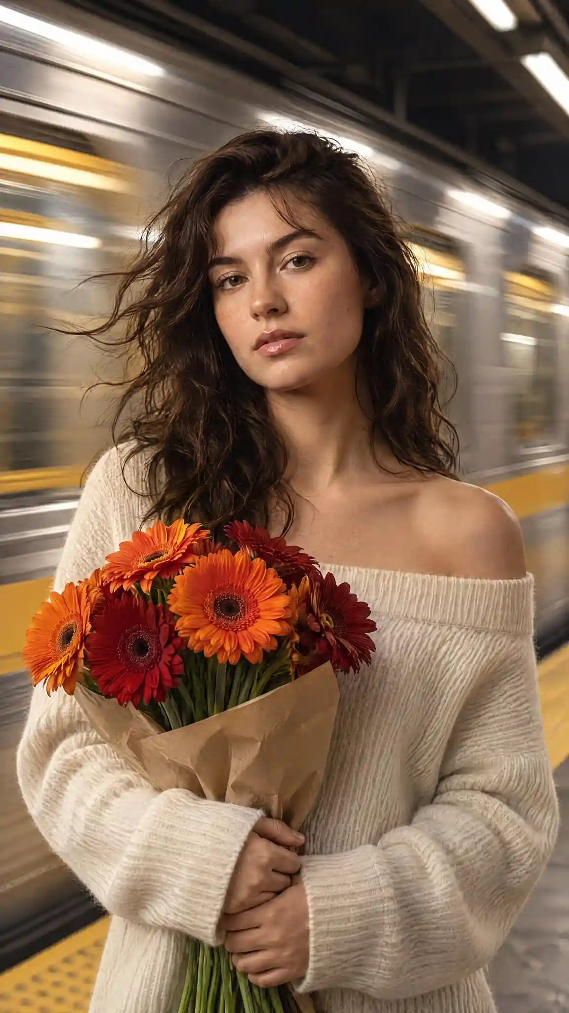 trend prompt: cinematic, high-fidelity portrait of a young woman standing perfectly still on a subway platform as a train rushes behind her. She has warm brown hair with soft bangs and a few loose strands blowing in the wind created by the passing train. Her face is clear and sharp, featuring delicate freckles, soft makeup, and a calm, slightly pensive expression. She is wearing a cream-colored, off-the-shoulder ribbed knit sweater that emphasizes the soft texture of the wool. In her hands, she clutches a vibrant bouquet of orange and deep red gerbera daisies, which serve as the primary color accent against her neutral clothing. The background is a dynamic, horizontal motion blur of a silver and yellow subway train, creating a high-contrast sense of speed against her stillness. The lighting is a blend of cool, overhead station light and warm highlights on her skin, captured with a shallow depth of field and a subtle cinematic film grain