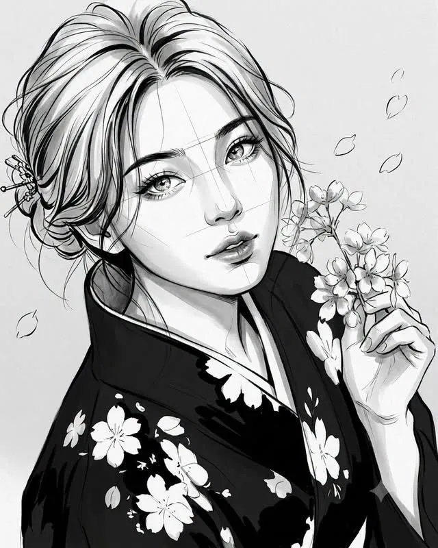 trend prompt: Highly stylized monochrome fashion illustration, expressive black-and-white ink portrait style, ultra-clean grayscale palette with soft tonal shading and sharp dark accents, elegant feminine facial construction, elongated proportions, minimalistic luxury editorial aesthetic. Use flowing organic contour lines mixed with geometric construction lines crossing the face naturally. Combine loose gestural strokes with precise ink detailing around the eyes, eyebrows, lips, and hair strands. Hair rendered with sweeping fluid brush lines and layered ink curves, creating dynamic movement and asymmetrical framing. Skin shading uses smooth cel-shaded grayscale planes with subtle gradient transitions, while maintaining a hand-drawn ink illustration appearance. Thin sketch lines remain visible as part of the composition. Eyes highly detailed and luminous with crisp eyelashes and reflective highlights. Lips softly sculpted with semi-realistic shading and delicate line texture. Use selective contrast: bold black strokes around facial features balanced against large clean white negative spaces. Overall composition resembles a fusion of modern fashion sketch, manga-inspired editorial art, and minimalist ink wash illustration. Background kept plain light gray or off-white with uncluttered negative space. High contrast, elegant, refined, cinematic, expressive line-art aesthetic