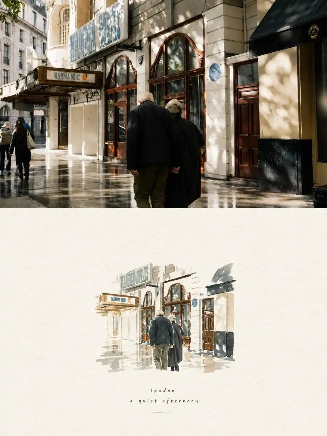 trend prompt: Create a refined editorial travel-art composition based on a reference photograph. The image is divided vertically into two parts: the upper section is a realistic cinematic travel photograph, while the lower section transforms the exact same scene into a delicate hand-painted watercolor illustration. Upper section: authentic candid travel photography, natural daylight, soft shadows, subtle film grain, realistic textures, sophisticated European atmosphere, documentary-style composition, people naturally walking through the scene, beautiful architectural details, slightly muted elegant colors, high-end travel magazine photography. Lower section: a minimalist handmade watercolor painting of the exact same scene, preserving the recognizable composition, architecture, people, poses, perspective and major visual elements from the photograph. Loose translucent watercolor washes, delicate ink details, visible paper texture, soft edges, imperfect brushwork, subtle pigment bleeding, airy negative space, understated pastel tones, artistic but realistic. Leave generous warm ivory/off-white textured paper space surrounding the watercolor illustration. Add a small elegant handwritten caption near the bottom, such as "summer days" or "a quiet afternoon", with a thin minimalist horizontal line underneath. Overall aesthetic: luxury travel journal, fine-art watercolor postcard, contemporary editorial design, nostalgic European summer, understated elegance, tactile handmade paper, sophisticated and serene. Portrait orientation, clean composition, premium art direction, no clutter, no borders, natural proportions, highly detailed photograph transitioning into an airy watercolor illustration
