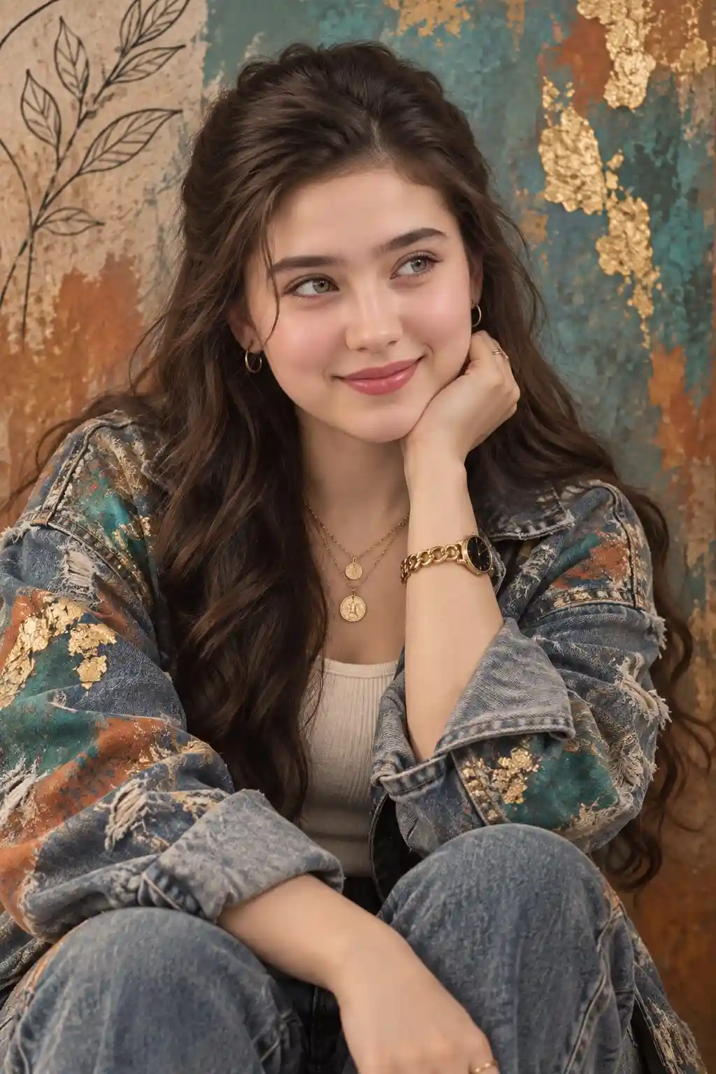trend prompt: A young woman with long, voluminous wavy dark brown hair (half-up style with loose face-framing strands) sits against an artistic mixed-media background of teal, rust-orange, and gold-leaf textured wall art with a hand-drawn botanical line sketch in the upper left corner. She has warm olive skin, soft natural makeup with pink blush and glossy nude-pink lips, and a gentle closed-mouth smile while looking slightly off-camera. She wears an oversized distressed denim jacket with a teal, rust, and gold-foil abstract painted/foiled pattern, layered over a cream ribbed tank top. She accessorizes with small gold hoop earrings, a layered gold necklace with two round pendant coins, a gold chain-link bracelet watch with a black face, and thin gold rings. She sits with her arms resting on her knees, one hand tucked near her chin. Soft, warm studio lighting, shallow depth of field, portrait photography style, high detail, editorial/lifestyle aesthetic