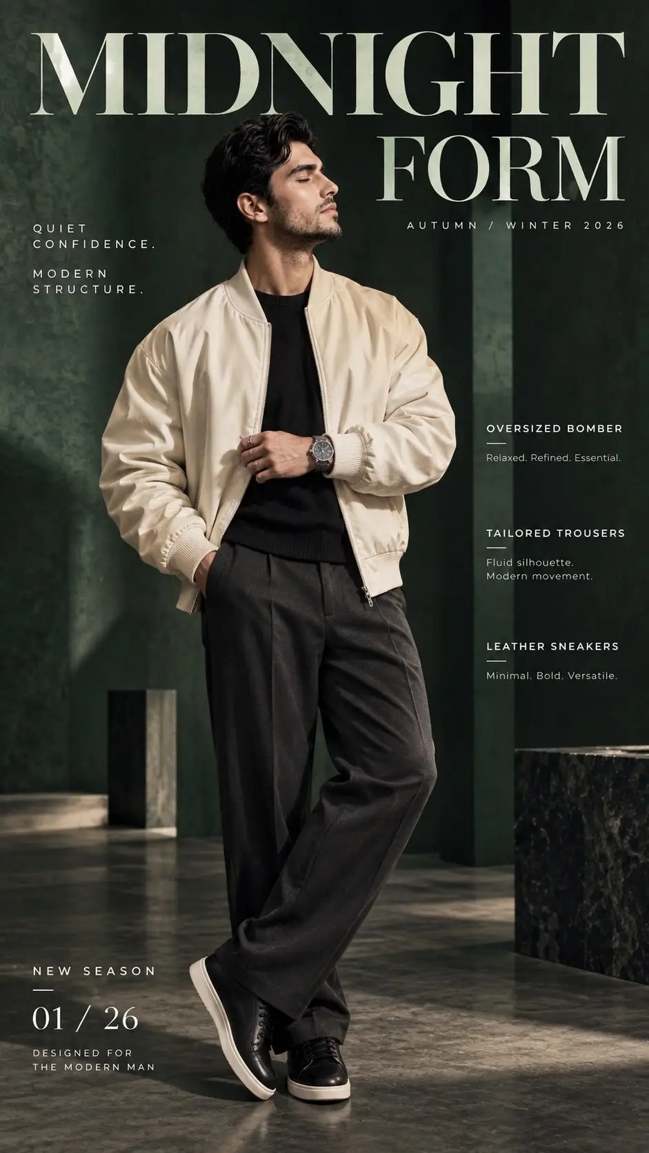 trend prompt: Create a premium, hyper-realistic luxury men's fashion editorial poster using my uploaded male face as the ONLY identity reference for the main male model. Preserve my exact facial identity and natural appearance - facial structure, skin tone, eyes, eyebrows, nose, lips, cheekbones, jawline, facial proportions, natural skin texture, hairstyle, and overall likeness. Keep me instantly recognizable. Do not beautify, reshape, feminize/masculinize, age, de-age, or alter my facial features. Concept: "MIDNIGHT FORM" Create an original high-end contemporary fashion campaign with a sophisticated deep emerald-green and charcoal color palette, completely different from the reference composition. The male model is standing confidently in a minimalist architectural studio with dark green textured walls, subtle dramatic shadows, polished concrete flooring, and soft cinematic lighting. He wears a luxury oversized cream bomber jacket, fitted black knit top, tailored charcoal wide-leg trousers, premium black leather sneakers, a minimalist silver watch, and subtle silver rings. Pose: full-body fashion pose, standing slightly angled toward camera, one hand casually inside the jacket pocket while the other adjusts the cuff, shoulders relaxed, chin slightly raised, confident editorial expression. Natural realistic body proportions. Photography: high-end European fashion magazine photography, full-body composition, 85mm lens aesthetic, realistic skin pores, detailed fabric texture, soft directional studio lighting, subtle rim light, cinematic shadows, shallow depth of field, premium color grading, photorealistic, ultra-detailed, sophisticated and expensive visual atmosphere. Typography & Layout Add elegant editorial typography integrated into the poster: MIDNIGHT FORM Small headline: AUTUMN / WINTER 2026 Supporting copy: QUIET CONFIDENCE. MODERN STRUCTURE. Product callouts: OVERSIZED BOMBER Relaxed. Refined. Essential. TAILORED TROUSERS Fluid silhouette. Modern movement. LEATHER SNEAKERS Minimal. Bold. Versatile. Bottom section: NEW SEASON 01 / 26 DESIGNED FOR THE MODERN MAN Use sophisticated high-fashion serif typography mixed with clean minimalist sans-serif text, carefully balanced around the model. Keep typography elegant, spacious, and editorial rather than cluttered. Composition: vertical 9:16, full-body model clearly visible, premium magazine-cover aesthetic, original layout, no copied branding, no logos, no watermark, no distorted hands, no extra fingers, no duplicated body parts, extremely realistic fashion photography