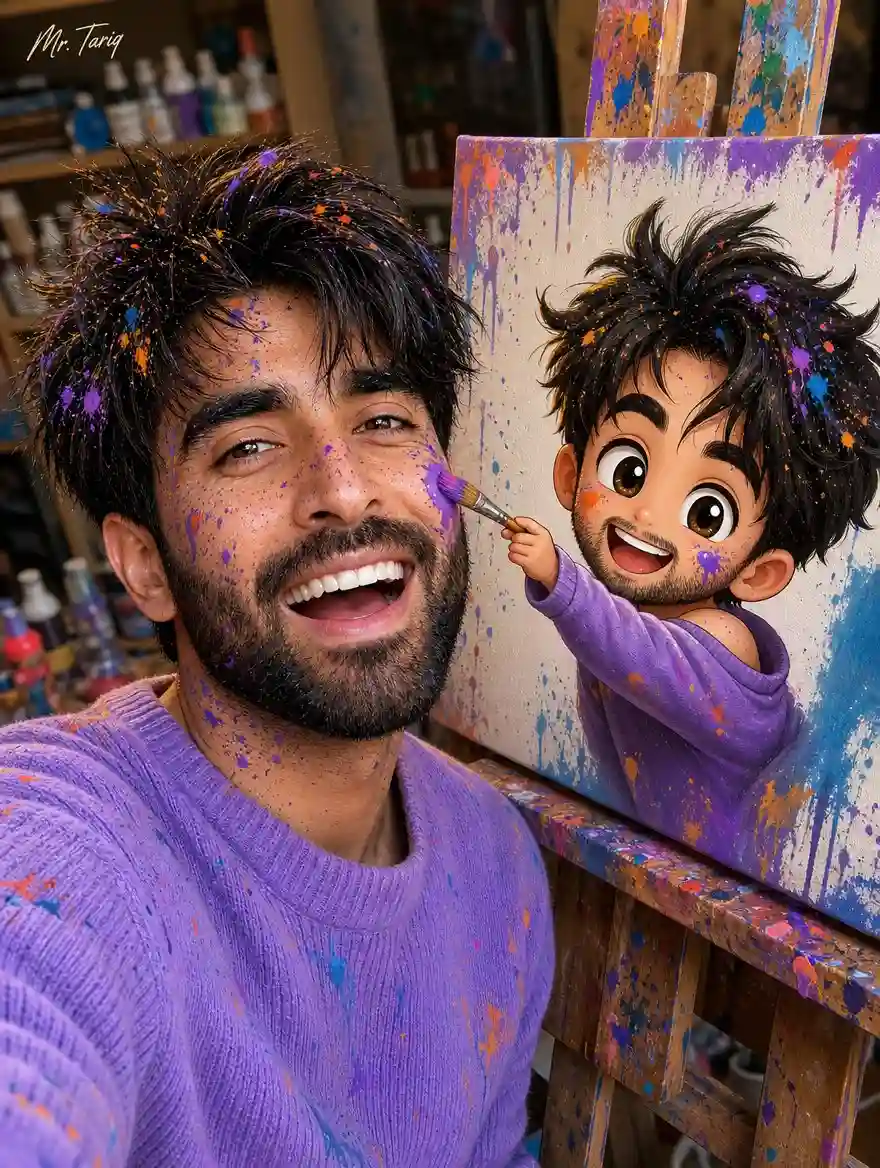 trend prompt: Study the uploaded photo's facial features and use them as inspiration to create a fun selfie-style photo of a similar-looking young man with a creative cartoon canvas twist. Hair: Messy, tousled dark hair with paint splatters scattered across the hair and face, light stubble beard. Face/Skin: Face and skin splattered with colorful paint speckles (purple, orange, blue), big laughing open-mouth smile, playful joyful expression, no jewelry, no tattoos. Outfit: Purple/lavender knit sweater, paint-splattered casual look. Concept: Taking a close-up selfie next to an easel canvas, where a cute chibi cartoon version of himself is painted on the canvas - the illustrated cartoon character reaching out of the canvas holding a paintbrush and playfully painting/touching the real man's cheek with colorful paint, breaking the fourth wall between reality and illustration. Chibi cartoon (on canvas): Same messy hair and paint splatters, big expressive cartoon eyes, cheerful smile, wearing a purple off-shoulder top, leaning out of the canvas frame with one arm extended holding the paintbrush. Background: Cozy art studio setting, softly blurred art supplies, paint bottles, and shelves in the background, warm natural lighting, wooden easel with visible paint-splattered edges. Art style: Photorealistic selfie photography blended with vibrant 3D chibi cartoon illustration, playful colorful paint-splatter texture throughout, high detail, fun energetic composition. Camera angle: Close-up selfie angle, slightly wide shot capturing both the real face and the canvas painting. Text overlay: Small stylish signature-style text in the top corner: "Mr. Tariq