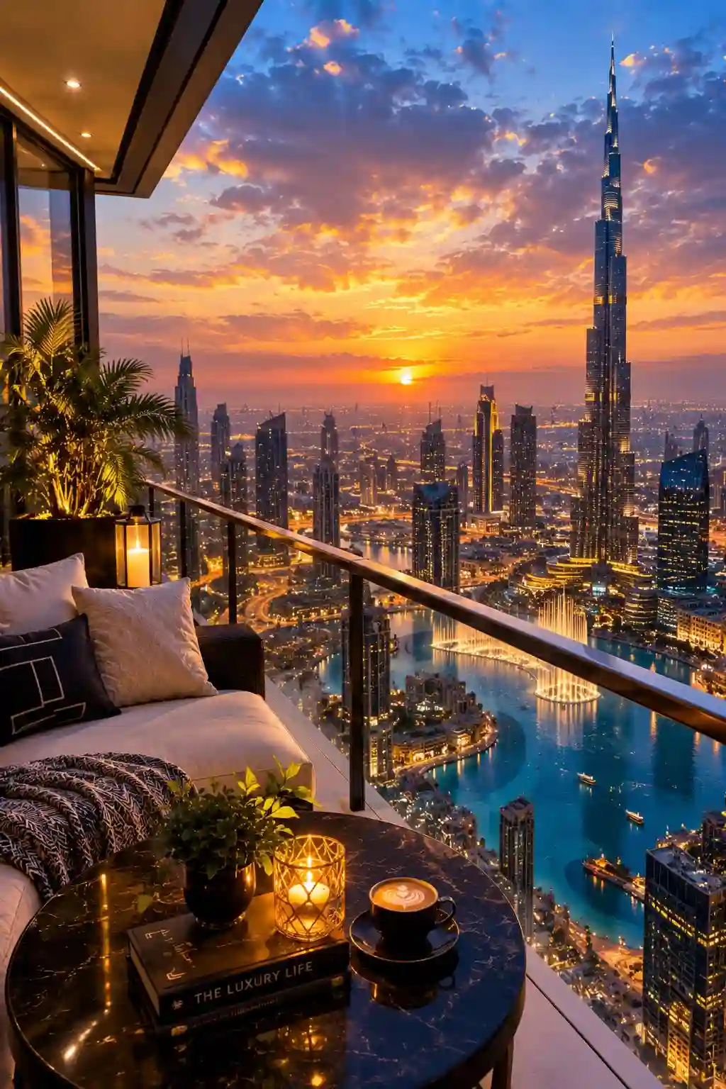 trend prompt: Turn the two reference images into one breathtaking, ultra-realistic luxury rooftop sunset scene with a seamless cinematic animation loop. SCENE Combine both images into a luxurious high-rise rooftop balcony overlooking a futuristic Dubai-style skyline, with the Burj Khalifa prominently visible, illuminated skyscrapers, modern architecture, waterways and glowing city lights. Add a cream sofa with soft cushions, tropical plants, glass railing, marble coffee table, warm lantern, candle, coffee cup and luxury coffee-table book. Keep the atmosphere peaceful, elegant and premium. Naturally integrate #Mandaadi into the luxury composition. SUNSET & LIGHTING Create a spectacular sunset with deep blue, lavender, pink, orange and golden-yellow clouds. Warm sunlight reflects across the skyline and water. As sunset progresses, skyscraper windows and city lights gradually brighten. Include "Ends in 24 hours " naturally and elegantly within the composition. Also subtly include #หลวงพ่อโชติ #วัดพุทไธศวรรย์. ANIMATION Create 16 consecutive frames forming a seamless 2.2-second loop. Animate drifting clouds, gently moving plants, flickering candle flame, subtle coffee movement, distant boats and shimmering city lights. Keep the camera completely locked and stable. All buildings, Burj Khalifa, furniture and major objects must remain perfectly consistent. Keep #Mandaadi, "Ends in 24 hours " and #หลวงพ่อโชติ #วัดพุทไธศวรรย์ stable and readable throughout the animation. Frame 16 must smoothly return to Frame 1. STYLE Ultra-realistic luxury lifestyle photography, cinematic Dubai sunset, premium travel advertisement, elegant penthouse atmosphere, realistic glass and marble, detailed skyline, beautiful water reflections, natural depth of field, sophisticated color grading, photorealistic 8K. CAMERA Vertical 9:16, wide cinematic view, 24mm lens, locked camera, realistic perspective, HDR, sharp skyline, natural depth of field. ANIMATION SETTINGS 16 frames, approximately 2.2-second seamless loop, smooth environmental motion, consistent lighting and fixed composition. #Mandaadi Ends in 24 hours #หลวงพ่อโชتی #วัดพุทไธศวรรย์ #Mandaadi Ends in 24 hours #หลวงพ่อโชติ #วัดพุทไธศวรรย์ NEGATIVE PROMPT cartoon, anime, illustration, painting, CGI, 3D render, low quality, distorted Burj Khalifa, warped buildings, duplicated objects, floating objects, unrealistic water, fake reflections, excessive fog, oversaturated colors, extreme HDR, blur, camera shake, zoom, flickering, morphing buildings, changing architecture, disappearing objects, distorted plants, deformed furniture, messy table, duplicate cups, text distortion, misspelled text, unreadable text, changing text, warped hashtags, logo, watermark, signature, border, black bars, background artifacts