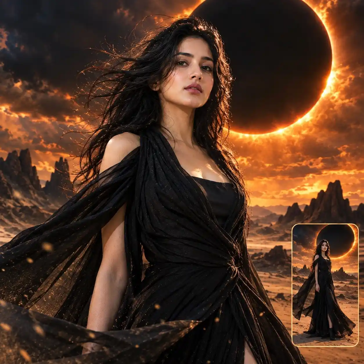 trend prompt: Reference image. Hollywood-inspired model positioned closer to the camera beneath a massive solar eclipse in a futuristic desert. Medium shot with clear facial details, black flowing outfit, flying sand particles, long dramatic shadows, orange and deep black cinematic color grading, IMAX atmosphere, premium fashion poster. Add a small rounded-corner picture-in-picture screenshot overlay in the bottom-right corner with a vertical 3:4 aspect ratio, showing the same model and environment from a slightly different angle. In the inset frame, the character must be fully visible from head to toe, standing elegantly with the entire silhouette clearly seen. The overlay should resemble a smartphone screenshot or camera preview with subtle borders and premium editorial styling. Ultra-realistic, high-end fashion photography, clean composition