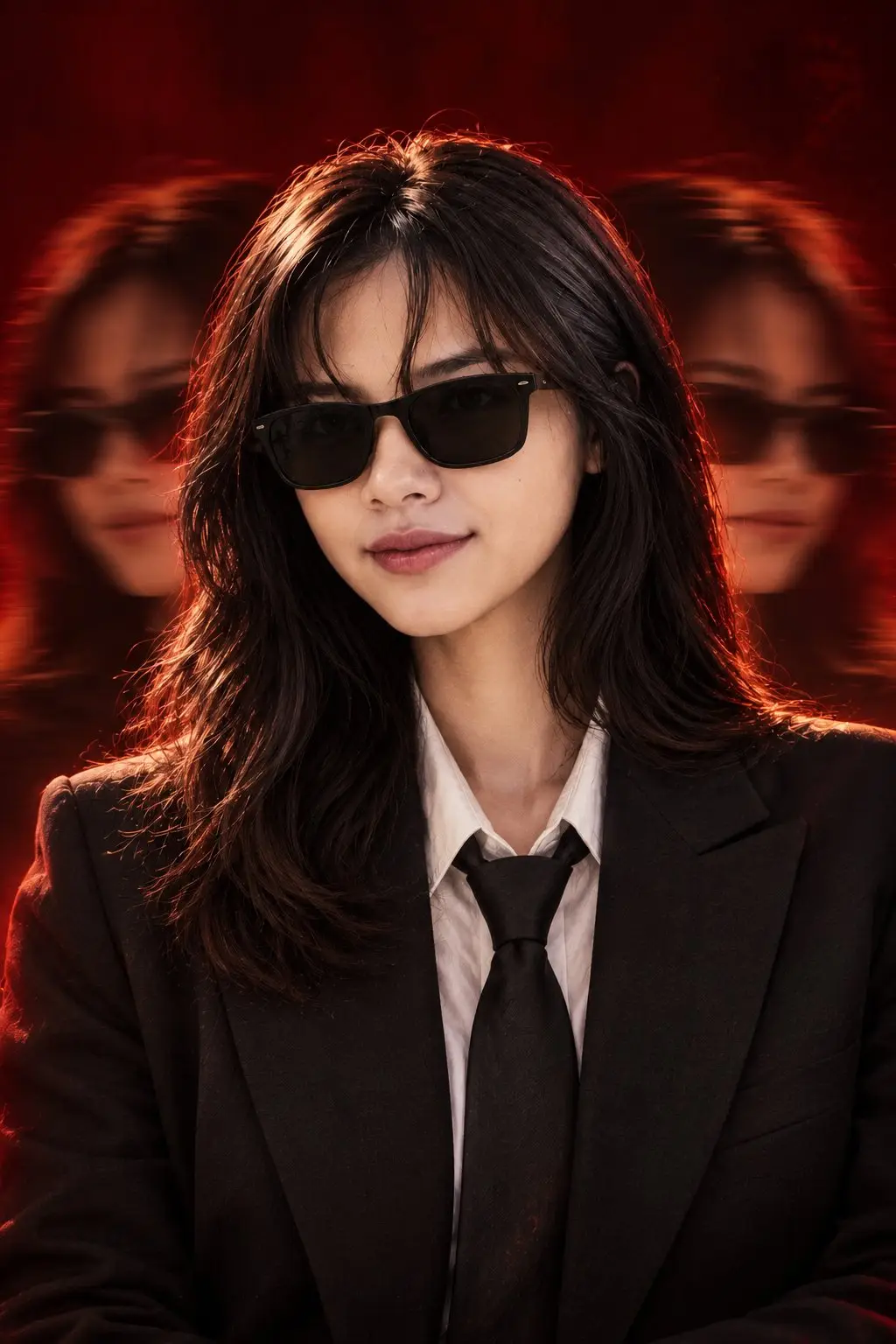 trend prompt: Create a dramatic cinematic luxury fashion portrait of the same woman. She is wearing a black oversized tailored blazer, crisp white collared shirt, and elegant black necktie. Keep the clothing realistic, premium, structured, and naturally fitted. The outfit should be clearly visible from the chest down. She is positioned front and center, facing the camera with her head slightly angled toward the right, maintaining a calm, confident, sophisticated expression. She wears black rectangular sunglasses with realistic reflections and accurate placement on her face. Behind the main subject, create two blurred duplicate versions of the same woman, one on the left and one on the right. The duplicates should be slightly offset horizontally and heavily motion-blurred, creating a cinematic triple-exposure / motion-trail effect. The center woman must remain perfectly sharp while the side duplicates remain soft and atmospheric. Background: deep dark crimson-red studio background with subtle smoky texture and darker edges. Add rich red atmospheric glow behind the subject. Lighting: intense warm orange-red rim light around the hair, shoulders, and blazer edges, creating glowing hair strands and a dramatic silhouette. Soft warm cinematic key light illuminates the face naturally. High contrast, deep shadows, realistic skin texture, subtle highlights. Photography: high-end cinematic fashion editorial, luxury movie-poster aesthetic, photorealistic, realistic skin pores and hair strands, shallow depth of field, sharp central subject, smooth motion blur on background duplicates, dramatic composition, premium professional photography, ultra-detailed, 8K. Composition: vertical portrait, centered subject, symmetrical visual balance, close-up to medium portrait framing, cinematic negative space around the head, powerful and sophisticated mood. Negative prompt: altered face, different identity, generic face, face distortion, changed hairstyle, changed hairline, different facial proportions, extra people, extra limbs, multiple sharp faces, distorted sunglasses, cartoon, anime, CGI, plastic skin, over-smoothing, low detail, blurry main subject, watermark, unwanted text