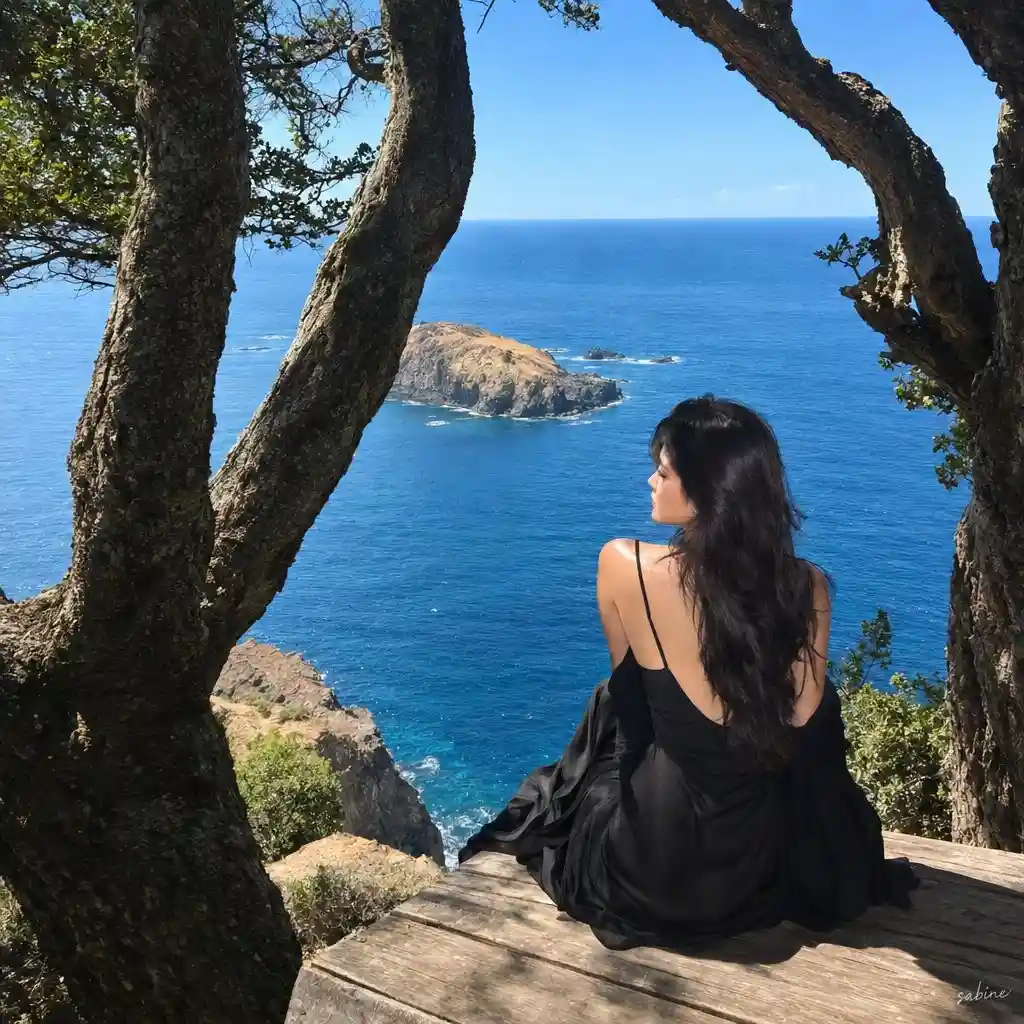 trend prompt: Create a super-realistic, cinematic smartphone travel photograph. A beautiful woman sits alone on a rustic wooden platform at the edge of a coastal cliff, facing a vast deep-blue ocean. A small rocky island with dry golden grass is visible in the distance. Large old trees with rough dark trunks and twisted branches naturally frame both sides of the image. Bright clear blue sky, warm natural sunlight, peaceful dreamy atmosphere. She wears a long flowing black slip dress with thin spaghetti straps, open shoulders and back, paired with a loose lightweight black outer layer. She sits with her back toward the camera, body slightly turned toward the ocean, head gently looking left. Long dark glossy hair falls naturally down her back, softly tousled by the sea breeze. Makeup: fresh glowing skin, natural dewy complexion, subtle warm beige eyeshadow, soft brown eyeliner, curled natural lashes, fluffy defined brows, peachy-nude blush, delicate warm bronzer, subtle highlighter on cheekbones and nose bridge, and glossy rosy-pink lips. Elegant, radiant, effortless beauty with realistic skin texture. Camera: rear three-quarter view, medium long/full-body framing, slightly elevated angle, subject positioned lower-right/center-right, ocean dominating the background, tree trunks creating natural foreground framing. harsh direct flash photography in daylight, slightly overexposed highlights, rich saturated colors, cinematic composition, dreamy vibe, add small aesthetic signature watermark sabine , shallow depth of field, 35mm lens look, high detail, realistic lighting, candid fashion editorial style ar 9:16 -v.6.1 do not alter face
