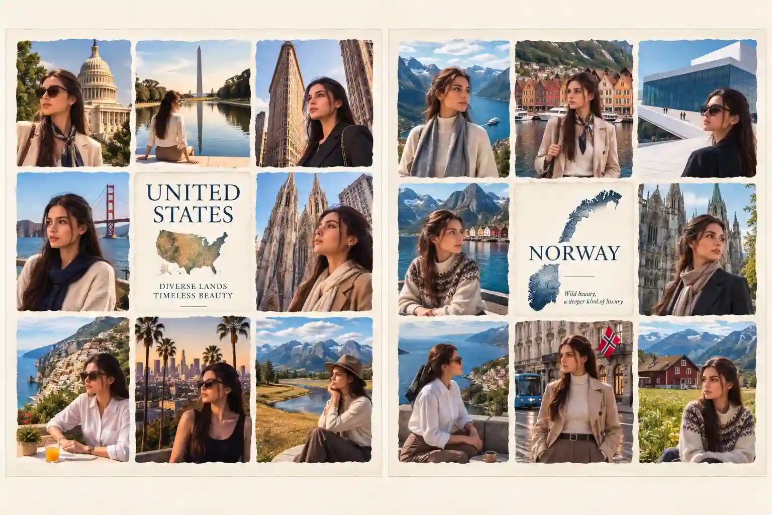 trend prompt: 1.2....Prompt Use my uploaded photo as the SAME main female character throughout the entire image. Preserve her exact facial identity, facial features, skin tone, hairstyle, body proportions and natural appearance. Create a premium vintage travel editorial poster in a WIDE LANDSCAPE FORMAT, specifically optimized for X/Twitter so the complete image is visible without important areas being cropped. Divide the canvas into TWO equal vertical framed panels placed side by side. LEFT PANEL - UNITED STATES: Create a sophisticated 3×3 torn-paper travel collage featuring the same woman visiting iconic American destinations: Washington D.C. with the U.S. Capitol and Washington Monument, New York City with the Flatiron Building, San Francisco with the Golden Gate Bridge, New York cathedral architecture, Los Angeles with palm trees and skyline, and dramatic American mountain landscapes. In the CENTER of the left panel, place an elegant cream paper card with: "UNITED STATES" "DIVERSE LANDS" "TIMELESS BEAUTY" and a subtle vintage map of the United States. RIGHT PANEL - NORWAY: Create a matching 3×3 torn-paper travel collage featuring the same woman exploring Norway: Norwegian fjords, Bergen colorful waterfront, Oslo modern architecture, dramatic mountain villages, historic Scandinavian architecture, coastal viewpoints, Norwegian streets with a tram, and peaceful alpine landscapes. In the CENTER of the right panel, place an elegant cream paper card with: "NORWAY" "Wild beauty," "a deeper kind of luxury" and a subtle watercolor map of Norway. IMPORTANT: Keep both complete panels fully visible inside the outer frame. Use generous margins around the entire composition. Do NOT make the image tall or portrait-oriented. Do NOT crop either panel. Both USA and Norway must be equally prominent and clearly visible at first glance. Style: luxury travel magazine, vintage editorial photography, refined cream paper texture, subtle torn edges, cinematic natural lighting, realistic photography, elegant serif typography, premium composition, sophisticated color grading, clean negative space, highly detailed, photorealistic. Aspect ratio: approximately 16:9 landscape