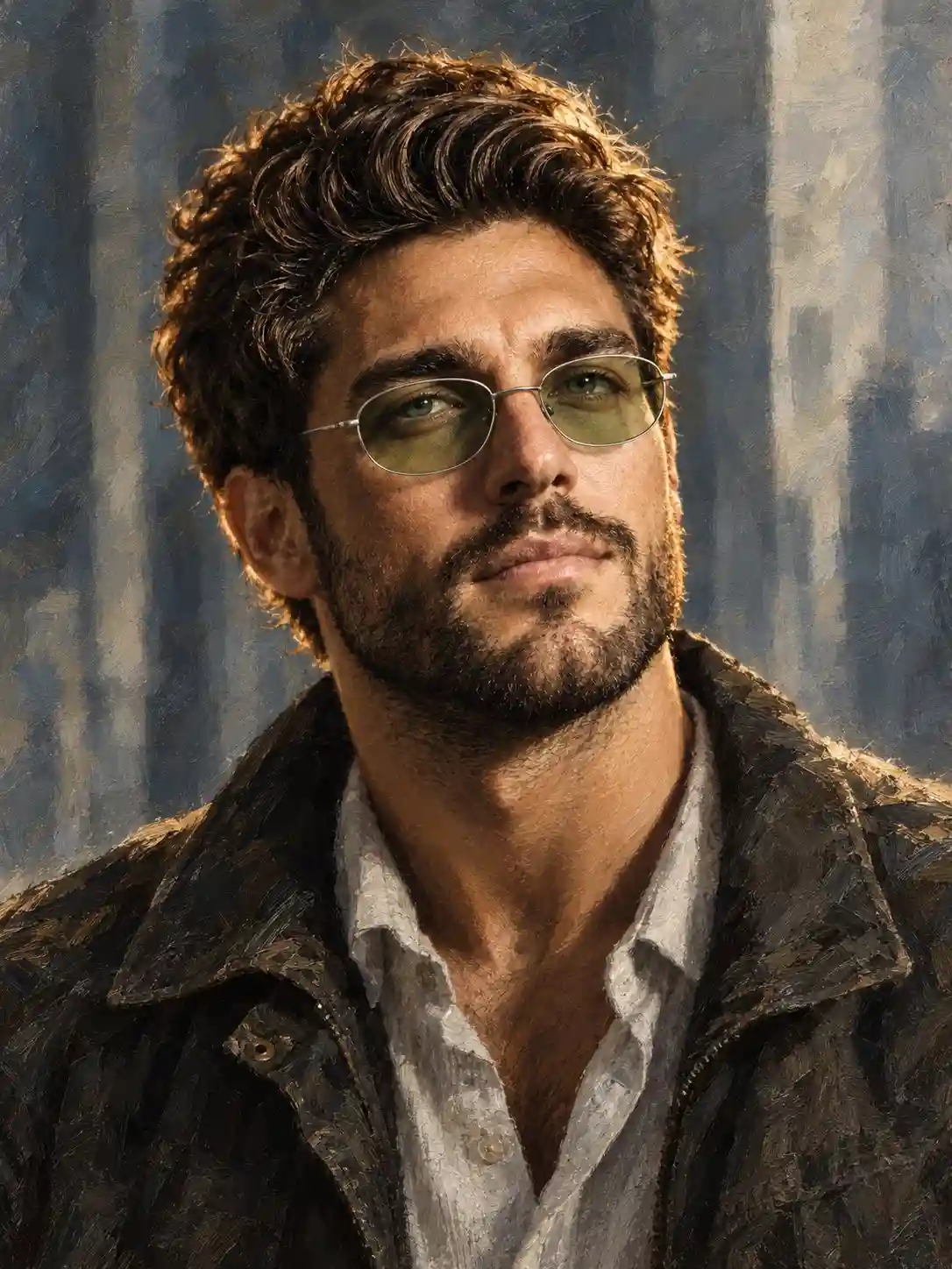 trend prompt: A highly detailed digital oil-painting style portrait of a rugged, handsome man use image for face reference with wearing light green oval sunglasses with thin silver frame .Natural smile thoughtful expression, looking directly at the viewer. He is wearing a slightly open white/light-gray collared shirt underneath a dark rugged jacket. Head-and-shoulders composition, centered framing, realistic facial anatomy, expressive eyes, natural skin texture, warm skin tones, dramatic soft lighting, painterly brush strokes, visible textured strokes throughout the face and clothing. Muted cool gray-blue architectural background with soft abstract vertical shapes, shallow depth of field, cinematic atmosphere, sophisticated character-study portrait, realistic yet painterly, high detail, soft edges, subtle highlights, 4K digital artwork
