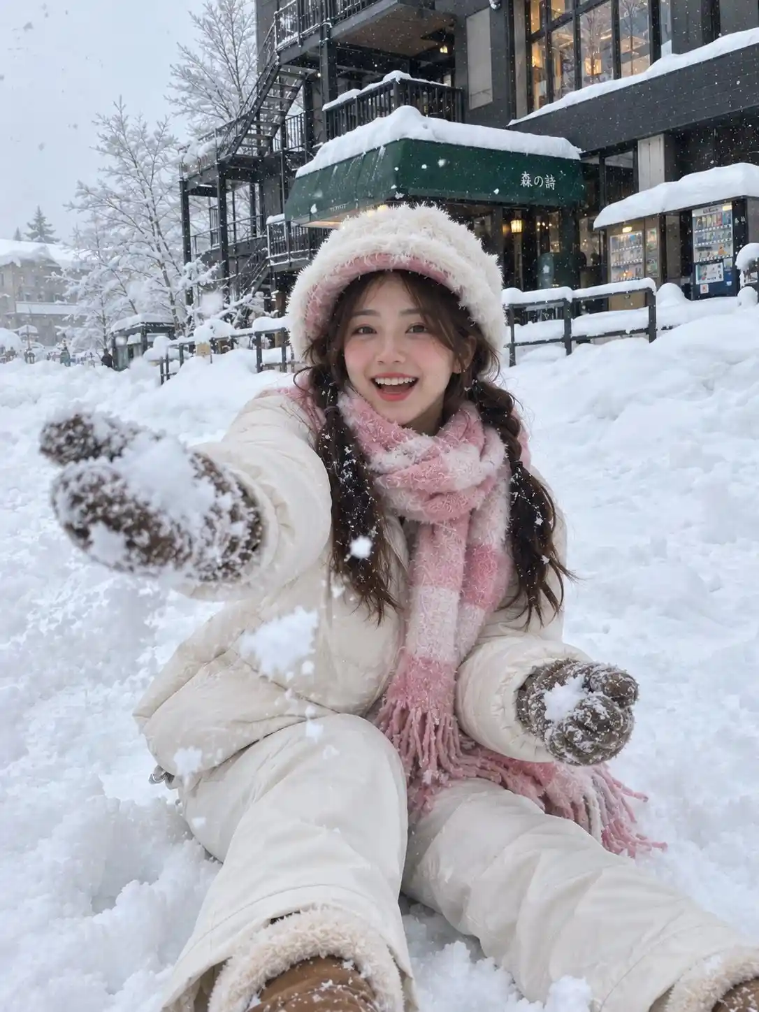 trend prompt: ULTRA-REALISTIC NATURAL SMARTPHONE PHOTOGRAPH, vertical 3:4, candid winter travel portrait of a young East Asian woman sitting comfortably in a huge snowbank outside a modern mountain-town building. She has medium-length dark brown hair styled in two loose low pigtails with soft strands framing her face. She wears a fluffy cream-white winter hat with a soft pink inner lining and a thick oversized pink-and-white striped scarf wrapped warmly around her neck. She has natural youthful features, rosy cheeks from the cold, and a bright genuine laugh while looking directly at the camera. She is dressed in a warm ivory-white puffer jacket and loose cream-white wide-leg winter pants. She wears thick brown knitted gloves and cozy tan winter snow boots with cream-colored fleece cuffs. Her hands are clasped together naturally between her knees while she sits in the snow, with both legs extending forward. Fresh deep snow completely covers the ground, forming large soft snowdrifts around her. Snowflakes are gently falling through the air, with small flakes visible against her clothing and in the background. Behind her is a modern multi-story building partially covered in snow, featuring dark metal exterior staircases, large windows, green storefront awnings, outdoor vending machines, railings, bare winter trees, and thick accumulated snow along the edges of the property. Soft overcast winter daylight, cool snowy atmosphere, realistic snow texture, subtle shadows, natural ambient lighting, peaceful snowy vacation setting. RAW smartphone photography aesthetic, ultra-realistic skin texture, natural facial details, realistic hair strands, authentic winter clothing textures, physically accurate snow, realistic proportions, natural candid pose, slight smartphone lens softness, no beauty filter, no plastic skin, no CGI appearance, highly detailed environment, authentic winter travel photography, vertical 3:4 composition