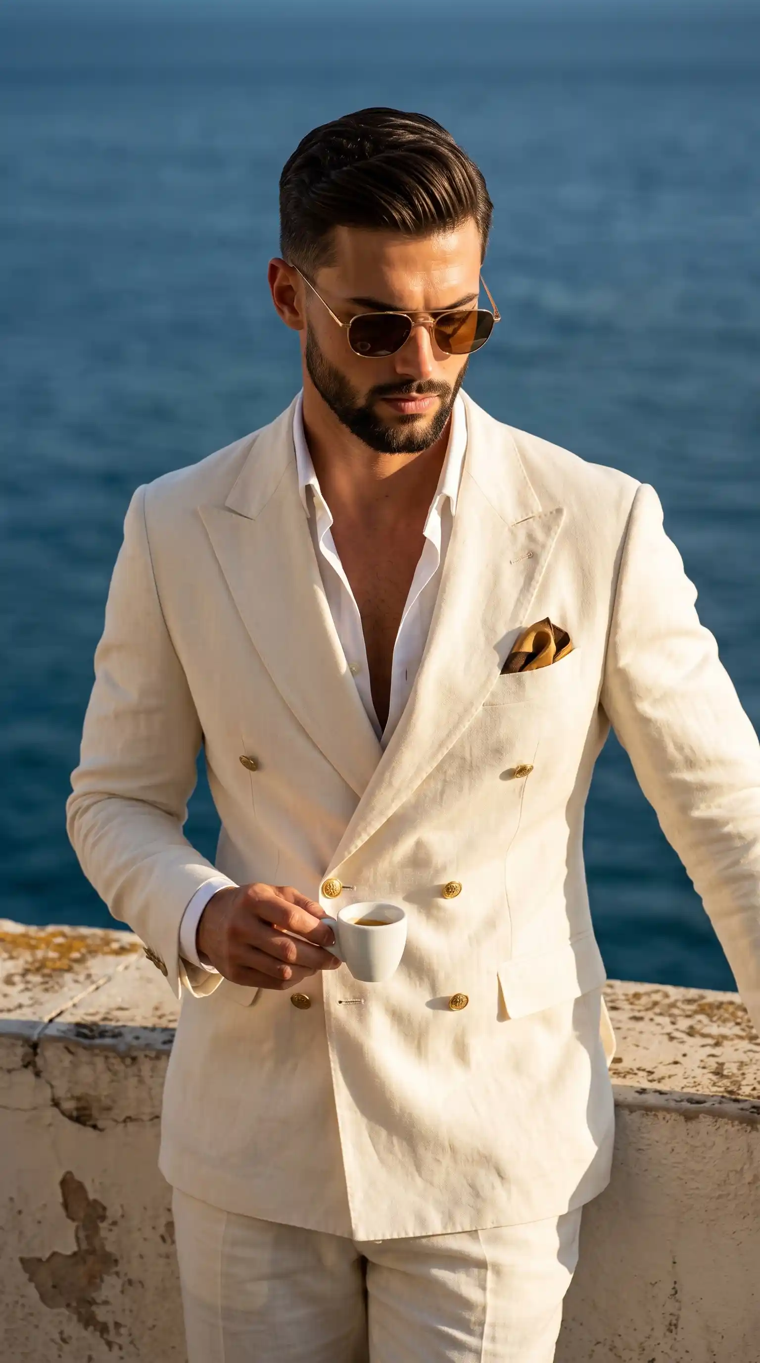 trend prompt: A muscular adult male exudes sophisticated masculine elegance in a cream white double-breasted linen suit featuring metallic gold buttons and a brown and gold patterned pocket square tucked into the breast pocket, worn over a deeply unbuttoned white shirt. His short, wavy brown hair is styled back, and his serious face features a closed, neutral mouth and a downward gaze partially obscured by gold wire-rimmed sunglasses with brown tinted lenses. Standing directly facing the camera with slightly shifted weight, his right hand is elevated to his lower chest, with the thumb and index finger delicately pinching the small handle of a white ceramic espresso cup. The subject is positioned on an outdoor coastal balcony, standing near a weathered, warm sand-colored plaster ledge in the bottom right foreground characterized by rough, porous granular pitting. Behind him, the pristine, deep blue ocean stretches into the midground, its surface texture rendered into a smooth blur. Bathed in highly directional, warm golden natural sunlight striking from a 45-degree angle at the top left, the scene dramatically contrasts bright highlights on his right cheekbone, nose bridge, right shoulder, and the cup's rim against harsh, deep black shadows cast under his chin, deep inside his unbuttoned shirt, by the lapels onto his chest, and by his fingers onto the cup. The complementary color palette of cream white, deep ocean blue, and warm bronze creates a mood of sun-drenched, quiet luxury. Shot in a highly realistic editorial digital photography style heavily influenced by Italian Riviera menswear and old money aesthetics, utilizing an 85mm portrait lens with a wide aperture around f/2.0 to ensure a tack-sharp subject against a shallow depth of field, enhanced by high-contrast warm color grading and subtle film grain, entirely framed in a 9:16 aspect ratio.