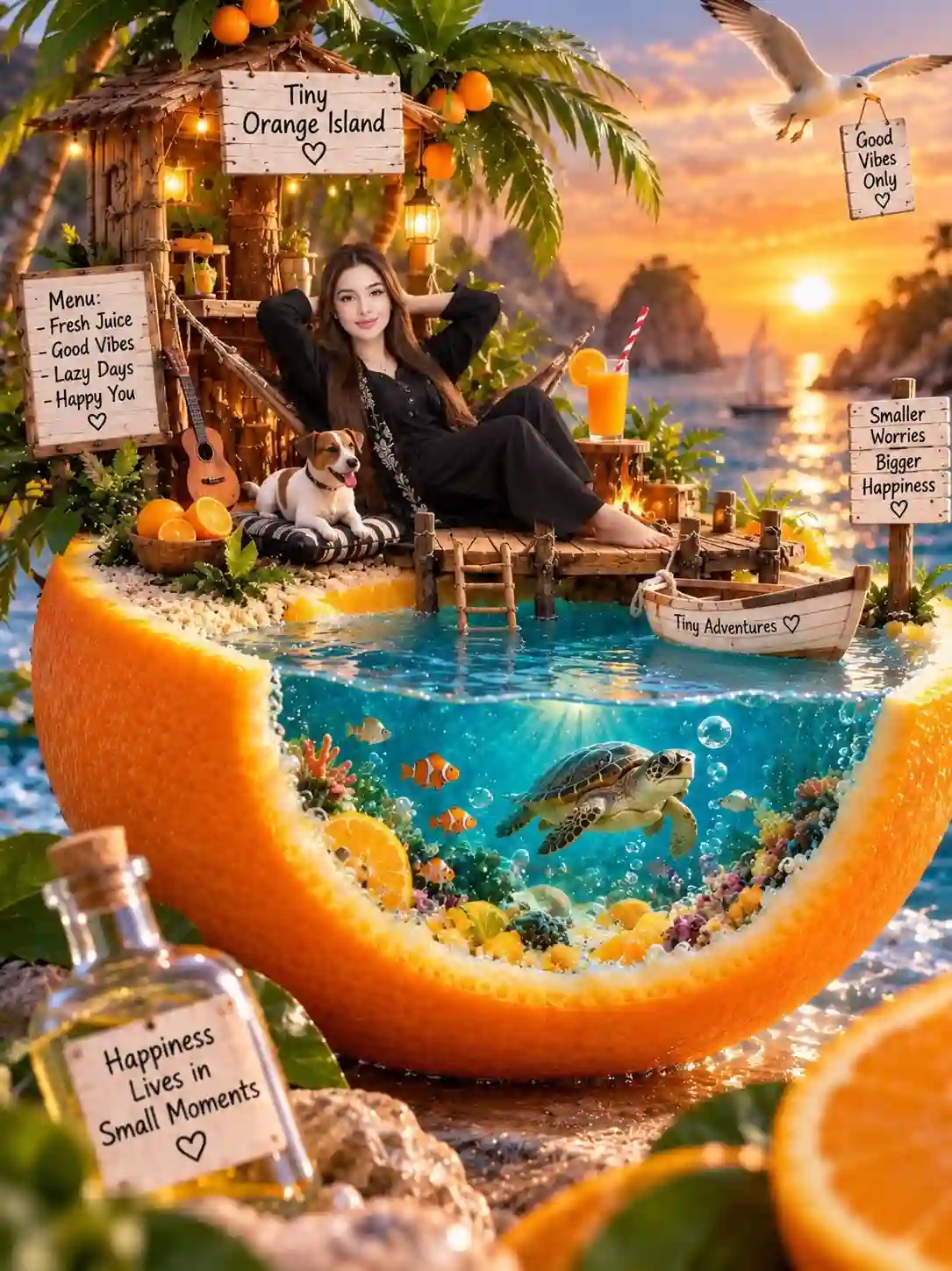 trend prompt: Create a highly detailed cinematic fantasy miniature world built inside a giant half-cut kiwi fruit. The kiwi becomes a tiny tropical island resort surrounded by sparkling water. At the top, there is a beautiful rustic bamboo and thatched-roof hut decorated with warm glowing lanterns and fairy lights. Tall green palm trees surround the hut, with a breathtaking tropical ocean sunset in the background, golden-orange sky, distant rocky islands and reflections on the water.
A young South Asian woman is relaxing comfortably in a woven hammock, reclining with a peaceful smile. She has long dark brown hair and is wearing a loose elegant cream-white traditional outfit with matching wide-leg trousers, completely modest and flowing. Her pose is relaxed, with her hands behind her head and bare feet resting naturally on the wooden platform. A cute small Jack Russell-type dog is lying beside her on a cushion.
Include a small wooden dock extending over the kiwi’s green surface, tiny wooden ladders, a tropical drink with a straw, sliced kiwi fruits, fruit baskets, a beach chair with a thatched umbrella, glowing lanterns, a tiny wooden boat, and a small waterfall flowing from the kiwi into the surrounding ocean. Add underwater details with colorful coral, tropical fish, bubbles and a sea turtle visible beneath the clear turquoise water.
Add charming rustic wooden signs reading “Kiwi Relax Resort”, “Good Day ✓”, “Good Food ✓”, “Less Stress ✓”, “More Sleep ✓”, “Happy Me ✓”, “Good Vibes Only ♡”, “Good Night ♡”, “Tiny Adventures ♡”, and “Small Moments Big Happiness ♡”. Warm golden-hour lighting, magical atmosphere, photorealistic details, cinematic depth of field, ultra-detailed textures, realistic water reflections, vibrant tropical colors, whimsical miniature diorama photography, vertical composition, 9:16.