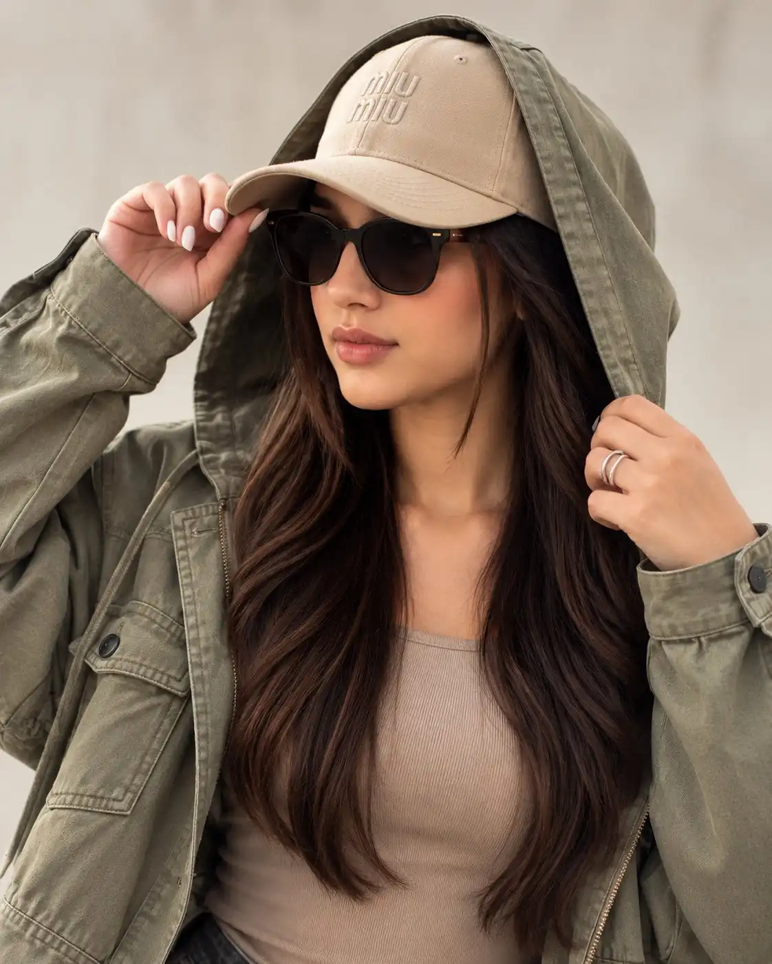 trend prompt: Ultra-realistic fashion portrait of a stylish young woman with long, voluminous wavy black hair, wearing a beige baseball cap, oversized dark sunglasses, an olive-green utility jacket over a fitted beige ribbed top. She gently holds the brim of her cap with one hand and pulls the jacket hood with the other, wearing minimal silver rings and long almond-shaped glossy nails. Natural soft makeup, nude glossy lips, elegant feminine features, relaxed confident expression.

Close-up street-style fashion photography, slightly turned pose, soft natural daylight, neutral beige background, muted earthy color palette, realistic skin texture, detailed fabric texture, cinematic depth of field, subtle shadows, luxury fashion editorial aesthetic, 85mm lens, shallow depth of field, photorealistic, high detail, 8K, Instagram fashion photography, vertical 4:5 composition.