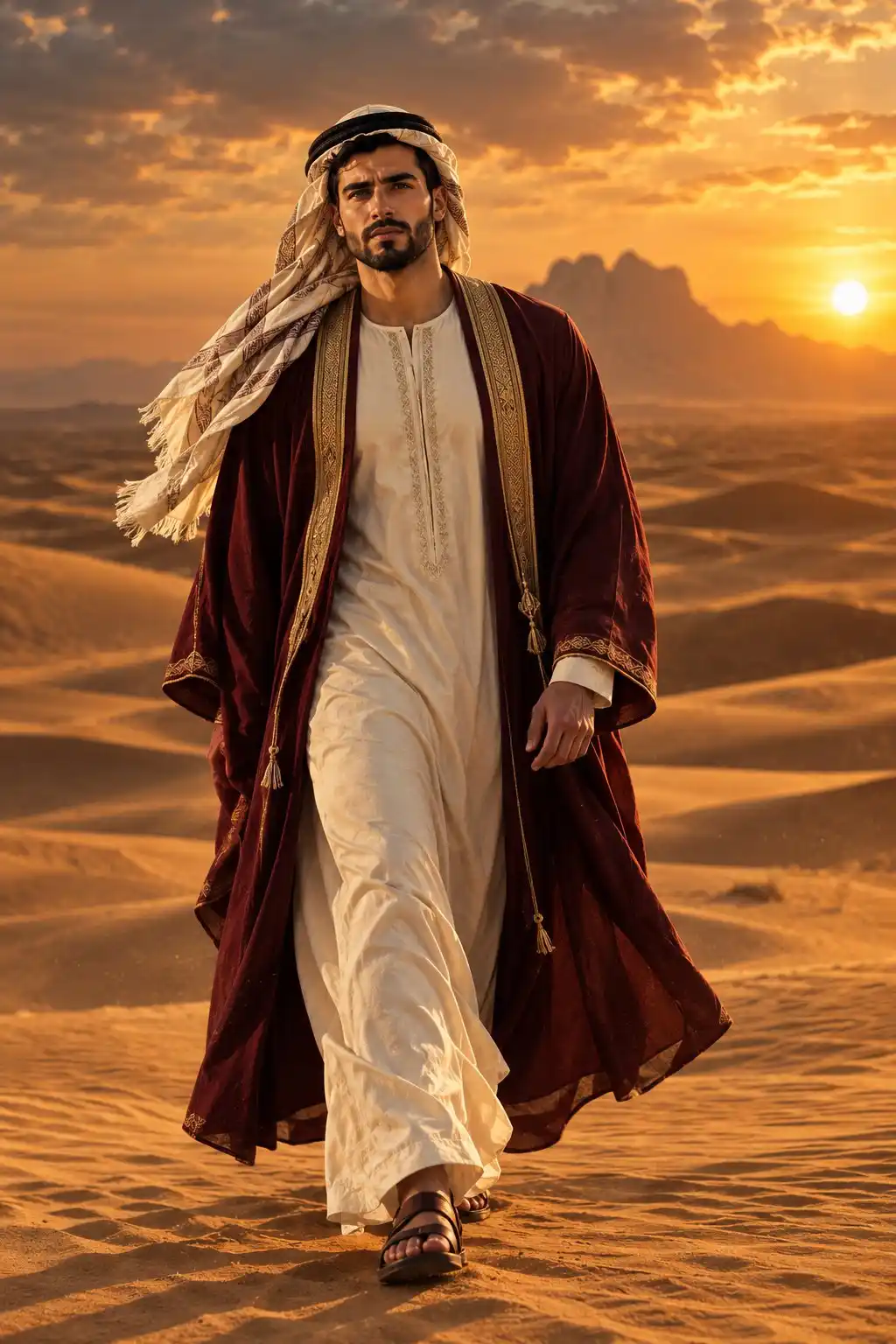 trend prompt: Ultra-realistic cinematic full-body portrait of a strikingly handsome young man in his early 20s walking confidently through vast golden desert dunes at sunset. He has thick naturally wavy jet-black hair with soft tousled volume, strong well-defined eyebrows, deep expressive dark-brown eyes, a straight sculpted nose, prominent cheekbones, a sharp masculine jawline, and subtle natural stubble. His expression is calm, regal, confident, and mysterious.

He wears sophisticated traditional Middle Eastern-inspired clothing: a luxurious flowing ivory thobe with subtle embroidered detailing, a perfectly draped deep-burgundy bisht with elegant gold trim, refined leather sandals, and a traditional cream-colored keffiyeh styled naturally around his head and shoulders. The fabric moves gently in the warm desert breeze.

Endless sculpted sand dunes stretch into the distance, glowing under a dramatic golden-hour sunset. Warm sunlight creates long cinematic shadows across the sand, with atmospheric dust particles floating softly in the air. A majestic distant desert mountain silhouette adds depth to the horizon.

Luxury editorial fashion photography, cinematic composition, natural skin texture and visible pores, realistic fabric details, physically accurate lighting, volumetric golden sunlight, subtle film grain, shallow depth of field, rich warm tones, dramatic sky, photorealistic, 8K HDR, ultra-detailed, shot on an 85mm lens, premium magazine aesthetic, no artificial-looking face, no text, no watermark.