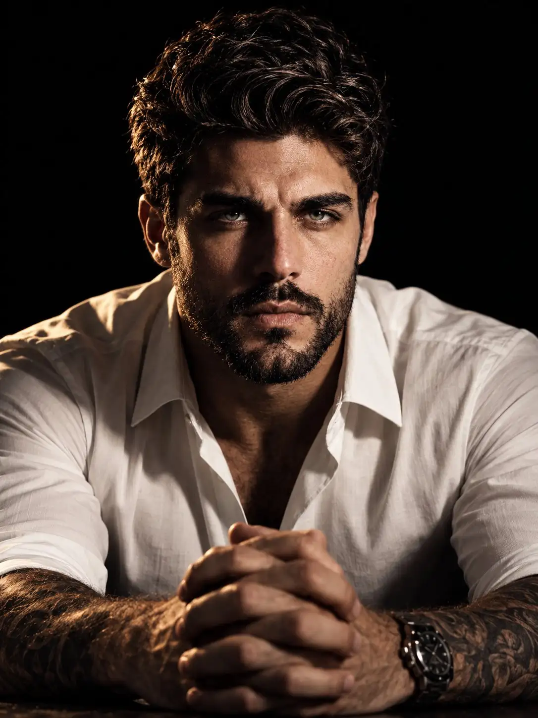 trend prompt: Create a cinematic, ultra-realistic studio portrait of the same man, preserving his facial identity, facial structure, hairstyle, beard, skin tone, and distinctive features.

He is staring intensely directly into the camera with a serious, confident, intimidating expression. He wears a crisp white dress shirt, slightly open at the collar. His tattooed forearms rest on a dark surface, with both hands naturally clasped together in the foreground. Add a sophisticated luxury wristwatch.

Use dramatic warm side lighting from one direction, creating deep cinematic shadows and sculpted facial features while retaining realistic skin texture, pores, beard detail