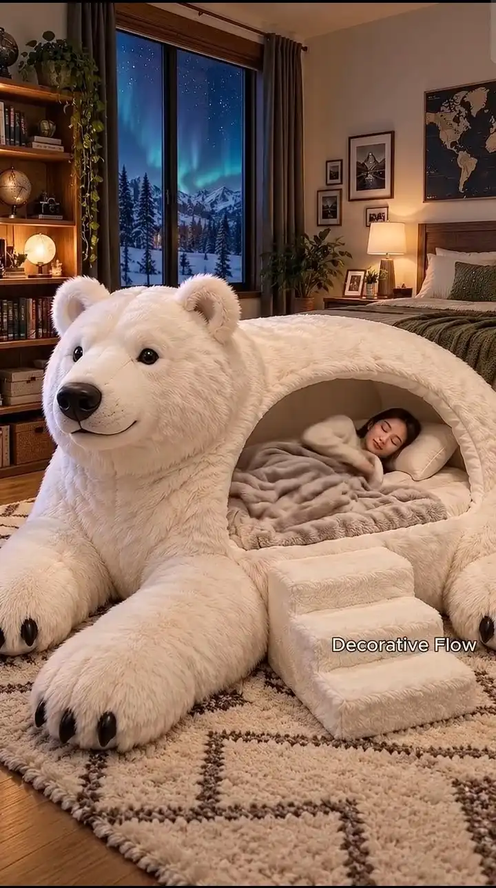 trend prompt: Create a highly detailed, photorealistic vertical 9:16 interior scene of a cozy luxury bedroom during a peaceful winter night. In the center foreground, create a gigantic adorable polar-bear-shaped bed made entirely from extremely soft, fluffy white faux fur. The polar bear should have a large friendly face, realistic fluffy fur texture, rounded ears, glossy black eyes, a cute black nose, a gentle smile, and four oversized paws resting naturally on the floor. The bear's body should form a large enclosed sleeping area underneath its belly, creating a cozy bear-shaped sleeping cave.
Inside the bear's body, place a young adult woman peacefully sleeping on a soft white pillow, covered with a thick light-gray plush blanket. Her face should look natural and relaxed, with realistic skin, natural dark hair, and comfortable winter sleepwear. The sleeping compartment should feel warm, spacious, soft, safe, and luxurious. Add a small set of soft fluffy stairs at the front of the bear bed leading into the sleeping area.
The bedroom should have warm wooden flooring, a large cream-and-brown patterned rug, a beautiful wooden bookshelf filled with books and decorative objects, small indoor plants, warm table lamps, framed mountain photographs, and a large world map artwork on the wall. Through the large window, show a breathtaking snowy mountain landscape at night with tall pine trees, stars, and vivid green-blue Northern Lights illuminating the sky. Use warm indoor lighting contrasting beautifully with the cool blue light outside.
Use cinematic composition, realistic materials, soft volumetric lighting, detailed fur strands, realistic shadows, natural depth of field, premium interior photography, cozy winter atmosphere, ultra-detailed textures, physically realistic proportions, high-end architectural visualization, photorealistic rendering, 8K quality, vertical composition. No text, no watermark, no logo, no captions anywhere in the image.