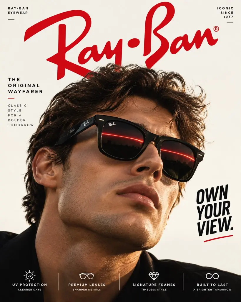 trend prompt: GUCCI SUNGLASSES — “THE NEW CLASSIC”

4:5 vertical premium poster, 8K, bold commercial layout × Italian fashion editorial × photorealistic luxury advertising

CORE IDEA:
“SEE IT YOUR WAY.”

LAYOUT:

BACKGROUND BLOCK:
Solid deep Gucci emerald green with no environment, no scenery, no texture
Clean luxury studio field with controlled directional shadows

GIANT TYPOGRAPHY:
“GUCCI”
bold oversized serif typography, cropped behind the subject

SUBJECT:

Young adult fashion model wearing oversized Gucci sunglasses
extreme close-up editorial portrait
slightly turned toward camera
natural skin texture, realistic hair and expression
sunglasses perfectly sharp and dominant

PRODUCT + CONCEPTUAL TWIST:

Gucci sunglasses remain completely photorealistic →

The lenses carry a precise emerald-and-gold light reflection inspired by luxury jewelry:

thin golden highlight crossing both lenses
realistic curved-glass reflection
subtle optical distortion
crisp acetate frame details
restrained metallic highlights

The reflection visually connects the sunglasses to Gucci’s luxury craftsmanship without adding any physical objects.

GRAPHIC ELEMENTS:

subtle gold measurement lines
tiny editorial annotations
minimal geometric marks
refined gold accents
clean studio shadow

TEXT SYSTEM:

Top pill:
“GUCCI EYEWEAR”

Small text:
“Made in Italy”

BOTTOM FEATURE STRIP:

Premium Acetate
UV Protection
Signature Details
Italian Craftsmanship

ANTI-SLOP DIRECTION:
No buildings, no landscapes, no clouds, no floating objects, no holograms, no excessive gold effects, no random props, no distorted face, no plastic skin, no exaggerated surrealism. Authentic luxury eyewear proportions, realistic lens reflections, natural skin texture, controlled editorial lighting, sophisticated typography, restrained composition, high-fashion campaign photography.