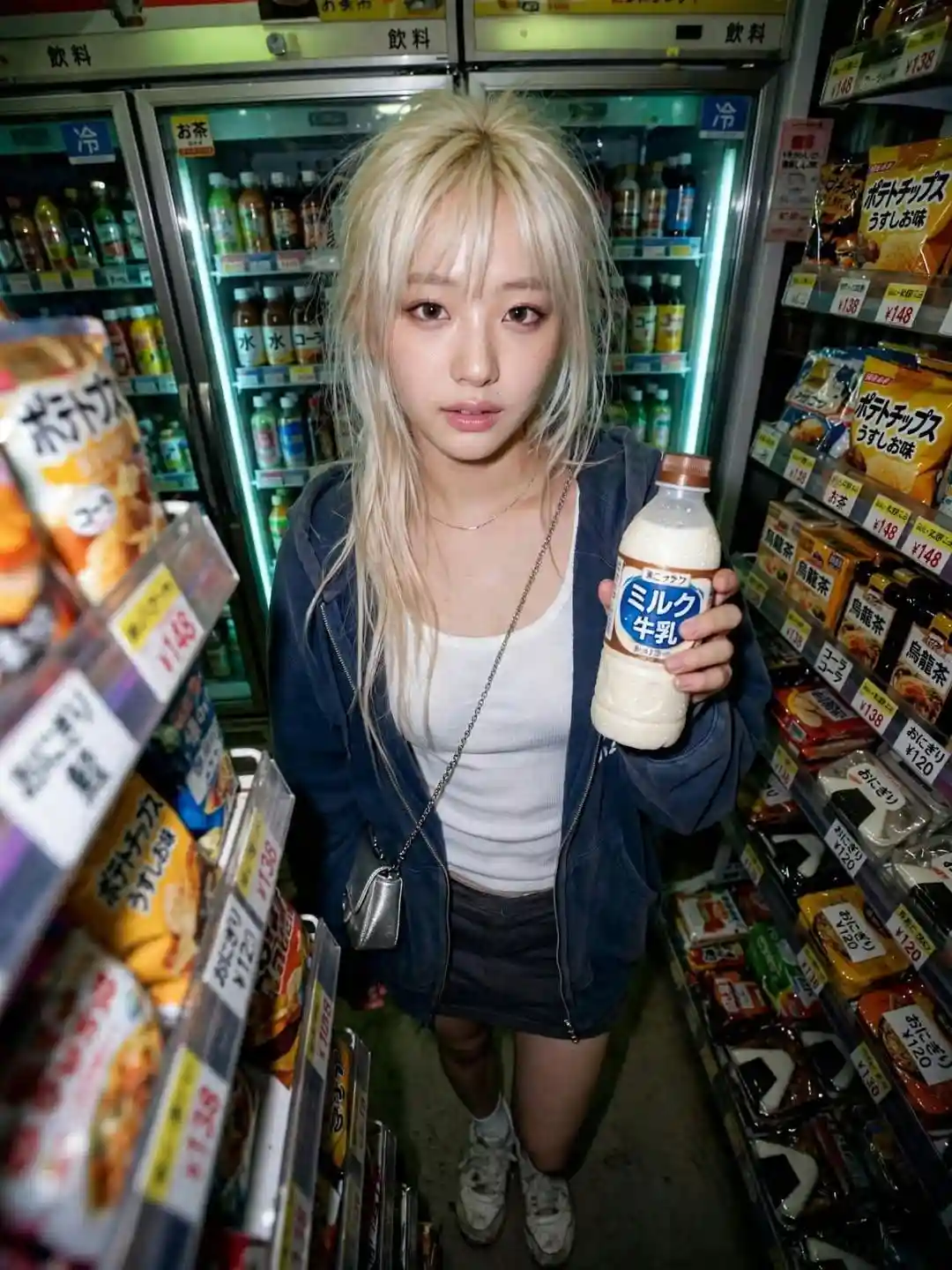 trend prompt: CONVENIENCE STORE AT 1:13 AM

GINZA Magazine-inspired Japanese lifestyle fashion editorial × early-2000s Y2K consumer compact digital camera × Korean female idol × raw documentary-fashion hybrid × found photograph aesthetic.

The image must feel like a real photograph discovered inside an old digital camera rather than a deliberately retro-styled AI image.

Japanese urban lifestyle sensibility, understated fashion intelligence, quiet observational storytelling, mundane everyday environment transformed into subtle fashion imagery.

A beautiful young adult Korean female idol standing inside a small Japanese convenience store late at night, casually holding a bottled milk drink while looking directly into the camera.

She wears a faded navy oversized zip hoodie over a white fitted ribbed tank top, low-rise charcoal mini skirt, worn sneakers, tiny silver shoulder bag and thin silver necklace.

Long platinum-blonde hair, slightly messy straight bangs, loose strands around her face.

Soft Korean-Japanese makeup, natural flushed cheeks, subtle taupe eyeshadow, soft pink lips, realistic visible pores.

She stands between narrow convenience-store aisles, refrigerators glowing behind her, shelves of snacks and drinks creating visual clutter.

Photographed extremely close with a late-2000s consumer compact digital camera, 30mm equivalent, ISO 640, f/3.2.

DIRECT ON-CAMERA FLASH, slightly harsh frontal flash, realistic specular highlights on skin and packaging, warm fluorescent ambient light mixing with cooler refrigerator illumination.

Slightly imperfect white balance, clipped highlights on reflective packaging, darker corners, subtle digital noise, mild chromatic aberration, slight edge softness.

The framing feels accidental: part of a shelf enters the foreground, one product is slightly cropped, subject not perfectly centered.

GINZA-inspired quiet Japanese lifestyle sensibility, understated fashion intelligence, raw documentary observation.

LUT: Warm Convenience Digital / muted highlights / fluorescent contamination
Harmony: navy × white × charcoal × refrigerator cyan
sRef: [Y2K-COMPACT-SREF]
Tokens: found photograph, direct flash, consumer digital, mundane location, incidental framing, not retro filter. 
Real photograph, not AI fashion campaign.

3:4 portrait.

NEGATIVE:
studio lighting, beauty campaign, luxury advertising, perfect symmetry, HDR, smartphone photography, cinematic teal orange, plastic skin, excessive bokeh, flawless skin, CGI, illustration, anime, overly posed idol photoshoot.