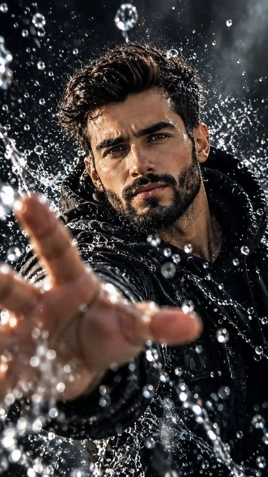 trend prompt: Ultra-realistic high-speed cinematic photograph of a strikingly handsome young man in his early 20s, reaching one hand directly toward the camera as if breaking through the frozen moment. He has thick naturally wavy jet-black hair, strong eyebrows, deep dark-brown eyes, a defined sculpted jawline, subtle natural stubble, realistic skin texture, visible pores and fine facial details.

The man is perfectly sharp and completely still, while thousands of crystal-clear water droplets are suspended around him in mid-air, frozen at the exact instant of impact. Droplets of different sizes surround his face, hands, hair and shoulders, each individually visible with realistic reflections, refractions and tiny highlights. His extended hand is extremely close to the lens, creating dramatic depth and perspective.

Dynamic splashes and subtle motion trails exist only in the surrounding water, contrasting with his perfectly frozen pose. Macro photography aesthetic, ultra-high-speed shutter capture, extreme detail, shallow depth of field, razor-sharp eyes and water droplets, cinematic lighting, dramatic highlights and shadows, premium luxury advertising photography, dark atmospheric background, subtle mist, volumetric light rays, realistic physics, 85mm macro lens, f/2.8, HDR, 8K, photorealistic, natural skin tones, sophisticated color grading, breathtaking depth, no artificial-looking face, no text, no watermark.