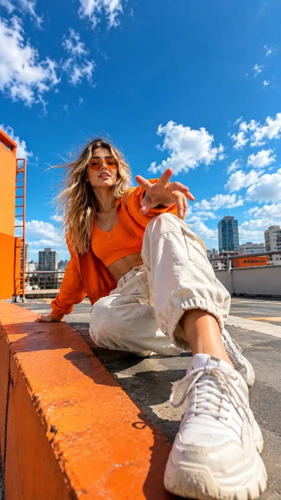 trend prompt: Create a 9:16 ultra-photorealistic fashion photograph of a stylish young blonde woman in a vibrant orange oversized cropped jacket, white fitted tank top, loose cream cargo pants and chunky white sneakers. She is crouching sideways on a bright orange urban rooftop ledge, with one sneaker extremely close to the camera creating exaggerated foreground perspective. Her body twists slightly away from the lens while she looks back over her shoulder with a playful confident expression. One hand grips the rooftop edge and the other casually adjusts her orange sunglasses. Wind blows through her hair and jacket. Shoot from a very low ground-level wide-angle perspective, dramatic depth, slightly tilted unconventional framing, strong foreground distortion, energetic candid movement. Behind her is a vivid cobalt-blue sky with large white clouds and colorful modern buildings with orange and coral accents. Extremely vibrant orange, blue and white color palette, punchy sunlight, deep natural shadows, saturated colors, realistic skin texture, realistic hair strands, authentic outdoor photography, spontaneous fashion editorial energy, slightly surreal perspective but completely photorealistic.