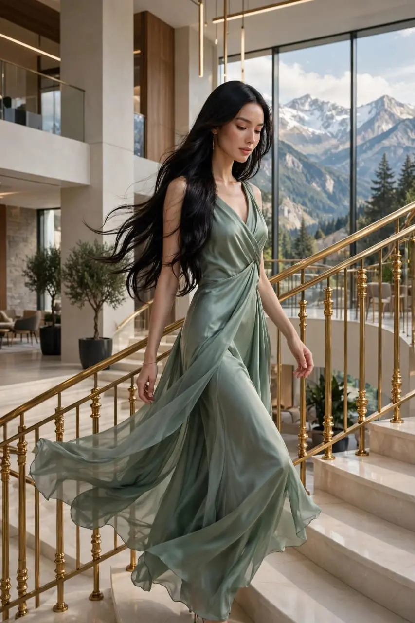 trend prompt: Create a luxurious, ultra-realistic cinematic fashion portrait of an elegant adult woman gracefully walking down a grand marble staircase inside a modern mountain luxury villa. She has long, thick, glossy black hair flowing naturally behind her, with a few soft strands framing her face. She wears a sophisticated sage-green satin gown with a graceful V-neckline, fitted waist and long flowing skirt made from lightweight translucent fabric. The lower layers of the dress gently trail and spread through the air as she walks, creating an elegant sense of motion. Her expression is calm and naturally beautiful, with her gaze slightly lowered toward the staircase. She walks with relaxed confidence, one hand naturally beside her body while the other subtly moves with her stride. The staircase features polished cream marble steps and luxurious gold-colored railings with elegant decorative details. In the background, create a spacious high-end modern interior with tall ceilings, warm wooden panels, glass balconies, contemporary pendant lights, indoor greenery and sophisticated furniture. Huge floor-to-ceiling windows reveal breathtaking snow-covered mountain peaks, pine forests and a bright clear sky outside. Soft natural daylight enters through the windows and illuminates the woman and the flowing fabric, creating beautiful highlights and realistic shadows. Premium luxury editorial photography, cinematic composition, realistic skin and hair texture, detailed satin fabric, natural depth of field, subtle background bokeh, HDR, 8K ultra-detailed quality, elegant high-fashion atmosphere, vertical 4:5 composition.