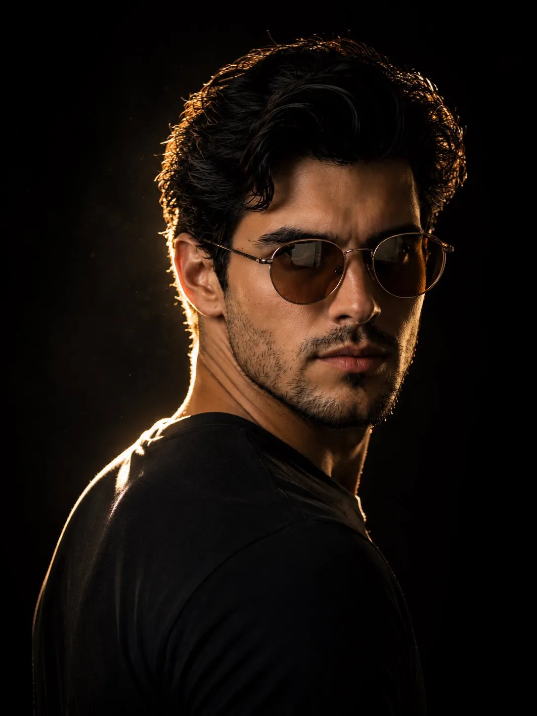 trend prompt: Create an ultra-realistic cinematic dark poster featuring a dramatic over-the-shoulder pose of a young man, using the same face as the uploaded image. The camera is positioned slightly behind the shoulder, capturing a 90-45-degree side profile facing right. Use strong rim lighting to outline the messy, textured hair, nose, and sharp jawline. Keep the background deep black, with only the edges of the face subtly glowing against the darkness. The subject wears light-brown, round sunglasses with silver rims, featuring realistic reflections. Preserve the subject's natural face shape, skin tone, facial features, and realistic facial skin texture. Overall aesthetic: dark, dramatic, premium cinematic poster, ultra-realistic photography, high contrast, detailed skin texture, atmospheric lighting, sharp facial contours, and sophisticated movie-poster quality.