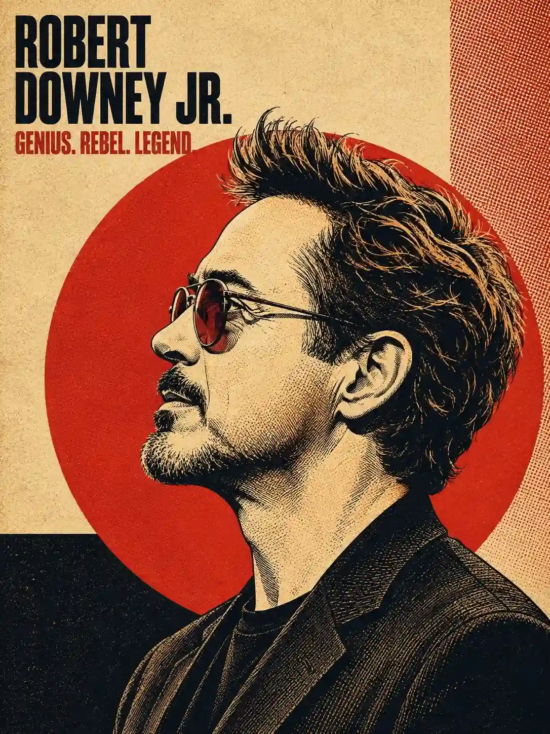 trend prompt: Convert the uploaded reference photo or named subject into a vintage halftone bold poster-art portrait illustration. Use a strict 90-degree side profile facing left, cropped around the head and upper shoulders, with a confident neutral expression and a large solid sun or halo circle behind the head. Render it as digital illustration mimicking screen-printed offset-lithograph poster art, with high-contrast ink linework, fine cross-hatching, stippling, risograph grain, coarse paper texture, and flat color blocking. Use a cohesive limited palette of two to four high-contrast colors, with asymmetric geometric background panels and subtle CMYK halftone dots. Keep the final output full-bleed illustration only, no reference thumbnail, no photorealistic shading, no watermark, and no logo.