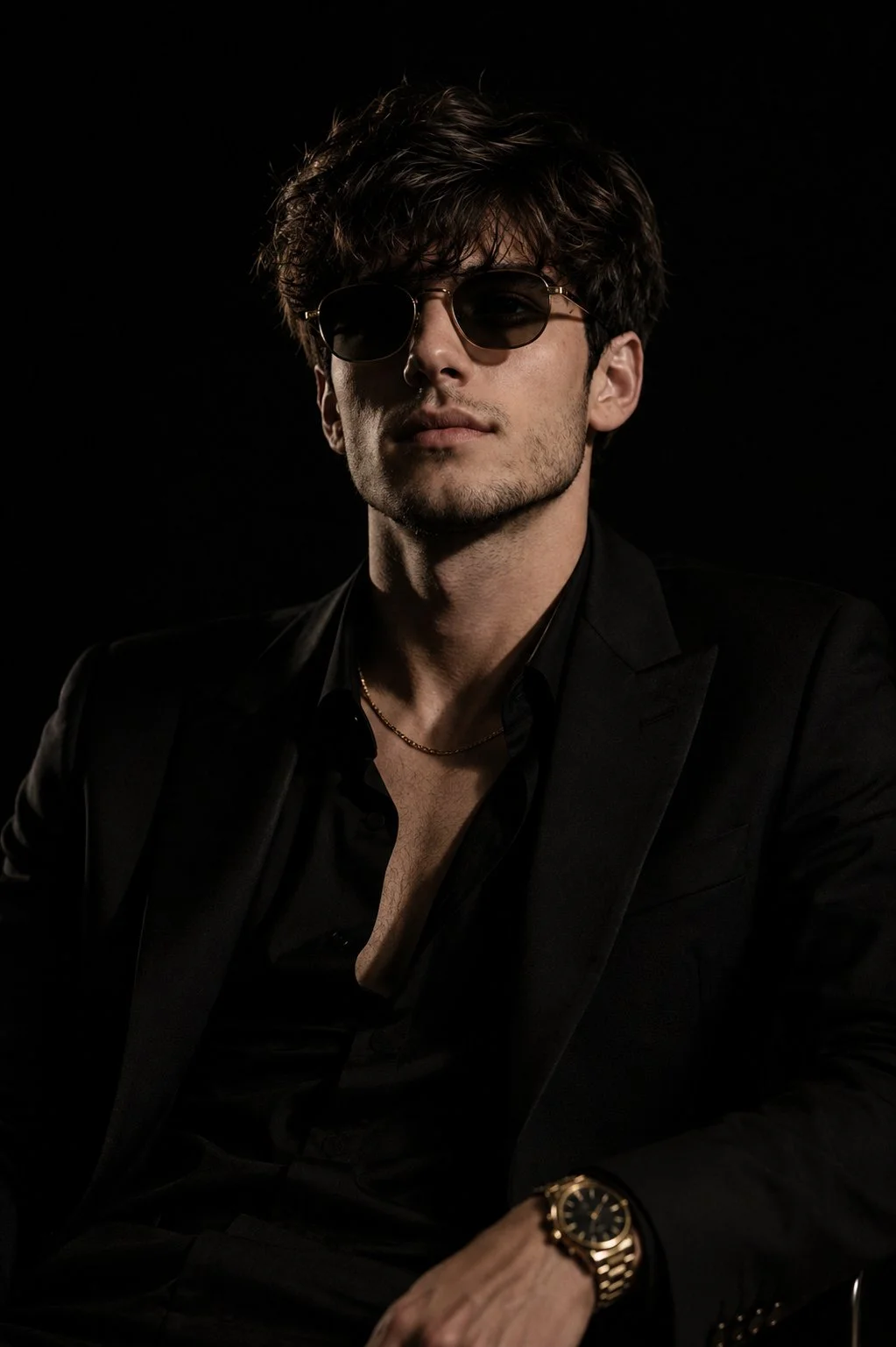 trend prompt: A stylish man a sleek, all-black outfit poses confidently against a pitch-black background. He wears a tailored black suit, a black shirt with the top buttons open, and a subtle gold chain around his neck, he sports golden sunglasses and a well-groomed beard, exuding charisma and mystery A luxury wristwatch glint on his left wrist, the lighting is dramatic, highlighting his facial features and casting soft shas, creating a bold, high -fashion editorial look