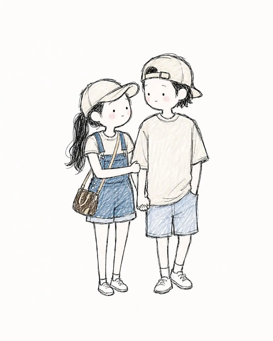 trend prompt: Create a cute, whimsical 2D hand-drawn storybook illustration of [SUBJECT/CHARACTERS]. Style: soft pencil-and-colored-pencil sketch, delicate imperfect black ink outlines, light cross-hatching, subtle paper texture, gentle pastel coloring, minimal shading, innocent children's picture-book aesthetic, charming handmade feel. Characters should have simplified cute proportions, small dot-like eyes, tiny minimal facial features, soft rosy cheeks, natural expressions, and slightly exaggerated adorable poses. Preserve the important visual characteristics of the reference subjects, including face shape, hairstyle, hair color, clothing, accessories, and distinctive details, while translating them naturally into this illustrated style. Composition: [DESCRIBE POSE/ACTION]. Keep the characters clearly visible from head to toe, naturally interacting with each other, with relaxed body language and balanced spacing. Use a clean warm-white/off-white background with plenty of negative space. Keep the illustration light, airy, minimal, and elegant. Color palette: muted pastel tones, soft denim blue, beige, cream, light brown, and subtle pink accents. Avoid strong saturation. Overall mood: wholesome, innocent, cozy, playful, romantic, nostalgic, and effortlessly cute. Avoid: photorealism, 3D rendering, glossy digital art, heavy shadows, sharp outlines, excessive detail, anime-style exaggeration, overly perfect faces, dramatic lighting, cluttered backgrounds, text, logos, and watermarks.