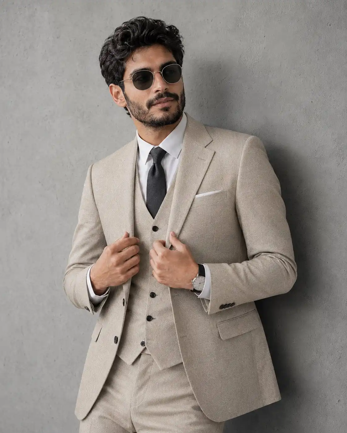 trend prompt: Create image Ultra-realistic professional studio portrait a stylish man, well-groomed appearance, wearing a small wristwatch. He is dressed in a perfectly tailored beige three-piece tweed-textured suit (blazer, waistcoat, and trousers), paired with a crisp white dress shirt and a slim dark grey/charcoal necktie. He leans slightly against a plain textured grey concrete wall, body angled in a three-quarter view, head turned to gaze off to the side with a calm, confident expression. Both hands are raised near the chest, fingers adjusting the blazer. Lighting & Technical: Soft, even studio lighting highlighting fabric texture and natural skin tone. Shallow depth of field with sharp focus on the face. Shot on a full-frame DSLR, 85mm lens, f/1.8 aperture. Natural skin texture, hyper-detailed, 8K quality. Style & Composition: High-resolution luxury fashion editorial photography style, premium menswear catalog aesthetic, muted grey monochrome color palette throughout, vertical portrait orientation, balanced headroom, sharp facial details, professional photography.