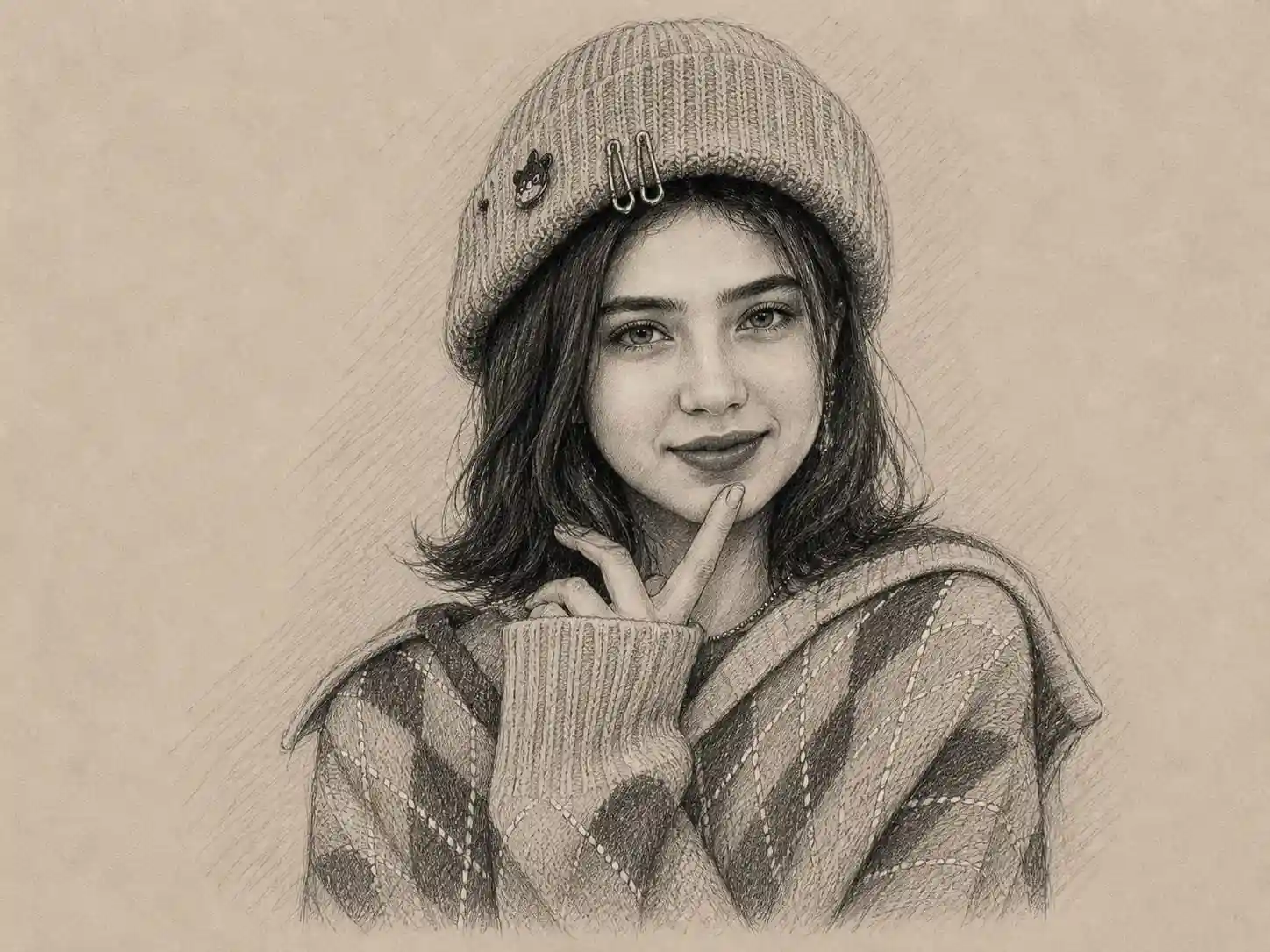 trend prompt: Create a highly detailed, realistic graphite pencil and charcoal sketch portrait based on the uploaded reference photo. Preserve the subject's recognizable facial features, face shape, eyes, nose, lips, skin tone, hairstyle, and natural expression from the reference image. Transform the photograph into a sophisticated hand-drawn pencil illustration while keeping the person's identity clearly recognizable. Portrait composition: centered front-facing upper-body portrait, elegant relaxed posture, gentle natural smile, looking directly at the camera. Long, voluminous dark wavy hair falling naturally over the shoulders, with realistic individual hair strands. Clothing: recreate the same traditional South Asian outfit from the reference image, including the dark navy/black fabric with intricate floral embroidery in warm red, orange, beige and golden tones. Preserve the detailed embroidered neckline, floral patterns, sleeves, and overall design accurately. Art style: hyper-detailed graphite pencil drawing mixed with subtle charcoal shading, fine cross-hatching, delicate line work, realistic facial anatomy, carefully rendered eyes and hair, soft tonal gradients, natural hand-drawn imperfections, intricate fabric and embroidery details. Paper: warm beige textured drawing paper with subtle natural grain and slightly aged paper texture. Lighting and shading: soft monochromatic graphite tones with gentle warm sepia undertones, realistic highlights and shadows, carefully modeled facial features, dimensional hair and clothing. Background: minimal warm beige paper background with very subtle loose pencil strokes around the silhouette, artistic sketch marks fading naturally into the background. Keep the background clean and uncluttered. Overall aesthetic: premium realistic hand-drawn portrait, elegant editorial illustration, museum-quality graphite artwork, highly detailed pencil texture, sophisticated traditional sketchbook appearance. No text, no words, no watermark, no logo, no frame, no extra objects. Maintain the original identity and facial characteristics of the reference subject while converting the entire image into this realistic graphite-pencil-and-charcoal illustration style.