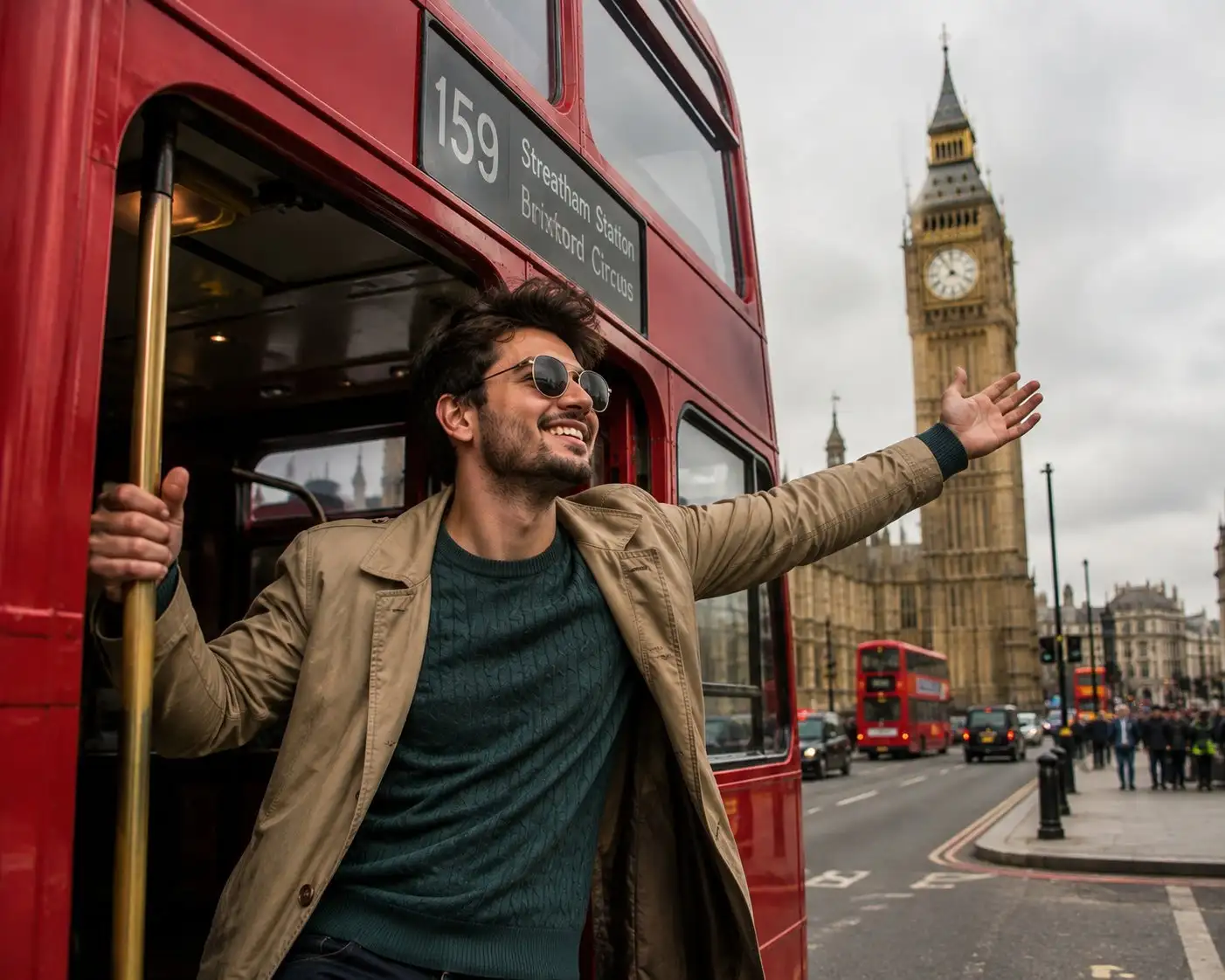 trend prompt: A highly realistic cinematic travel photograph of a cheerful young man with a unique face enjoying the view from the open doorway of a classic red London double-decker bus. He is wearing round sunglasses, a beige casual jacket, dark green knitted sweater, blue jeans, and casual shoes. He is smiling naturally while holding the brass handrail with one hand and extending his other arm outward, enjoying the atmosphere of London. The scene takes place in central London, England, with Big Ben and the Palace of Westminster clearly visible in the background. Busy London street with iconic red double-decker buses, black taxis, pedestrians, traffic lights, historic architecture, and wet pavement. Overcast British sky with soft natural daylight, cinematic lighting, realistic reflections, shallow depth of field, dynamic composition, realistic skin and clothing textures, professional travel photography, ultra-detailed, photorealistic, 4K, natural colors, no text, no watermark.