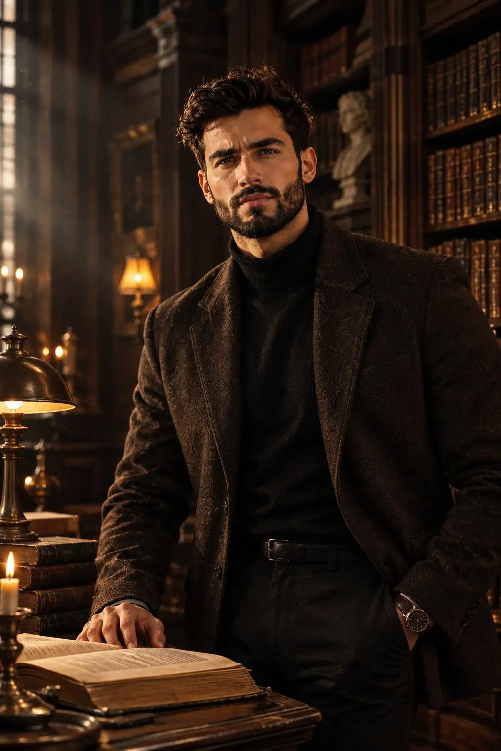 trend prompt: Ultra-realistic cinematic luxury fashion photograph of a strikingly handsome young man in his early 20s standing confidently inside a grand Dark Academia library. He has thick naturally wavy jet-black hair with subtle tousled volume, strong well-defined eyebrows, deep expressive dark-brown eyes, a straight sculpted nose, prominent cheekbones, a sharp masculine jawline, and subtle natural stubble. He wears a sophisticated dark-brown wool blazer over a black turtleneck, tailored black trousers, and a vintage leather watch. The library is filled with towering antique wooden bookshelves packed with old leather-bound books, stacks of aged manuscripts, vintage wooden tables, ornate brass lamps, candle-like warm lighting, and elegant classical architecture. Warm golden lamps illuminate his face while the surrounding room falls into deep cinematic shadows. Dust particles subtly float through narrow beams of light, creating an atmospheric scholarly mood. He stands beside an antique wooden desk holding an open vintage book, one hand resting naturally on the pages, looking thoughtfully toward the camera with a calm, intelligent, mysterious expression. Rich brown wood, dark mahogany tones, warm amber lighting, subtle film grain, dramatic chiaroscuro, shallow depth of field, realistic skin texture and pores, natural facial details, sophisticated editorial composition, cinematic color grading, 85mm lens, f/1.8, HDR, ultra-detailed, photorealistic, 8K, premium fashion editorial photography, no artificial or AI-looking face