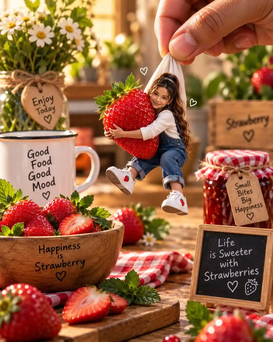 trend prompt: Create a highly detailed, photorealistic miniature fantasy scene based on the reference image. Replace the miniature person with the person from my uploaded reference photo, preserving her facial identity, hairstyle, skin tone, and recognizable features accurately. Show the woman as a tiny person sitting beside and joyfully hugging an enormous, glossy, realistic strawberry. She is wearing stylish blue denim overalls, a simple light-colored long-sleeve shirt, and cute white sneakers with small strawberry details. A large realistic human hand at the top of the frame gently holds a white cloth sling, making the miniature woman appear suspended above the rustic wooden table. Surround the scene with fresh strawberries, strawberry slices, green leaves, a wooden bowl full of strawberries, a glass jar of strawberry jam with a red-and-white checkered cloth lid, small white flowers, and cozy farmhouse decorations. Include warm golden-hour sunlight, soft natural shadows, cinematic depth of field, beautiful creamy bokeh, vibrant strawberry-red colors, fresh green leaves, realistic skin and fabric textures, detailed wooden surfaces, and a charming whimsical atmosphere. Add small rustic handwritten-style decorative signs around the scene with short cheerful phrases such as "Enjoy Today", "Good Food Good Mood", "Happiness is Strawberry", "Small Bites Big Happiness", and "Life is Sweeter with Strawberries". Composition should be visually balanced and similar to a premium commercial food photograph, with the miniature woman and giant strawberry as the main focal point. Ultra-realistic photography, macro photography, cinematic lighting, shallow depth of field, highly detailed textures, realistic proportions, natural reflections, 8K quality, vertical 4:5 composition. Most importantly, keep the uploaded person's face and identity highly accurate and recognizable while naturally integrating her into the miniature fantasy scene