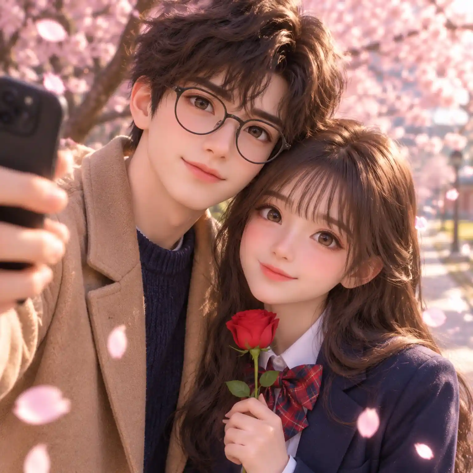 trend prompt: A cinematic 3D animated close-up selfie of a young couple under blooming cherry blossom trees. A handsome teenage boy with messy dark brown wavy hair, large round black-rimmed glasses, warm brown eyes, and a gentle smile leans his head against a pretty girl. He wears a camel-beige overcoat over a dark navy sweater and holds a black smartphone out in front of them with his right hand. The girl has long dark brown hair with soft bangs, large expressive brown eyes, and a shy sweet smile. She wears a navy school blazer, white collared shirt, and a red plaid bow tie, and holds a single red rose near her chest. Soft pink cherry blossom petals fill the background, warm golden-pink spring light, shallow depth of field, Pixar-style 3D animation, highly detailed faces, romantic and tender mood, photorealistic 3D render