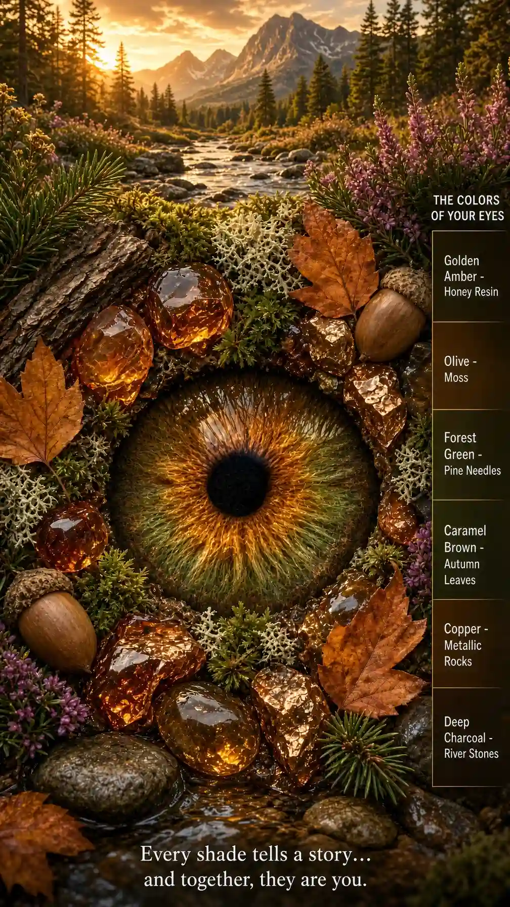 trend prompt: Portrait photorealistic cinematic nature collage. Tight vertical crop. Center the composition on a large perfectly circular iris only - extract the iris from the uploaded eye photo and crop out eyelids, lashes, and surrounding skin so nothing but the circular iris sits in the middle. Keep the iris recognizably the same eye. First identify every distinct shade actually present in it (sky blue, ice blue, steel blue, navy, silver-gray, aqua, olive, forest green, golden amber, caramel, copper, rust, deep brown, charcoal, or any mix). Then you MUST enhance only the iris: boost saturation, color separation, and micro-contrast so those shades become clearly visible and vivid - richer golds/ambers, clearer blues or greens, warmer browns/coppers, sharper gray/silver, deeper charcoal pupil. The enhanced iris colors must obviously match the legend. Do not leave the iris flat or muted. Do not turn it into a different eye or a cartoon. Wrap the iris in a tight, dense radial wreath of real natural objects whose colors match THIS iris and physically hug the circle. Choose from whatever fits the detected palette: blues/grays → water, river stones, mist, ice, slate, storm clouds, forget-me-nots, blue spruce, silver lichen greens → moss, pine needles, ferns, wet leaves golds/ambers → sunlight, wildflowers, honey resin, raw amber browns/coppers → bark, soil, acorns, autumn leaves, copper rock, clay darks → charcoal rock, night shadow, deep water Above the wreath, a matching nature landscape that continues the same color story and flows downward into the wreath as one continuous scene (mountain lake and cool dawn for blue/gray eyes; golden-hour pines and meadows for gold/green/brown eyes; misty coastline, canyon, or alpine tundra as the iris requires). Right edge: clean vertical legend titled "THE COLORS OF YOUR EYES" listing the specific shades found and enhanced in this iris and the nature element used for each. Bottom: quote "Every shade tells a story... and together, they are you." in elegant white serif type. Rich earthy HDR lighting. Photographically real. No illustration, no extra faces, no full eye with lids, no wide empty margins