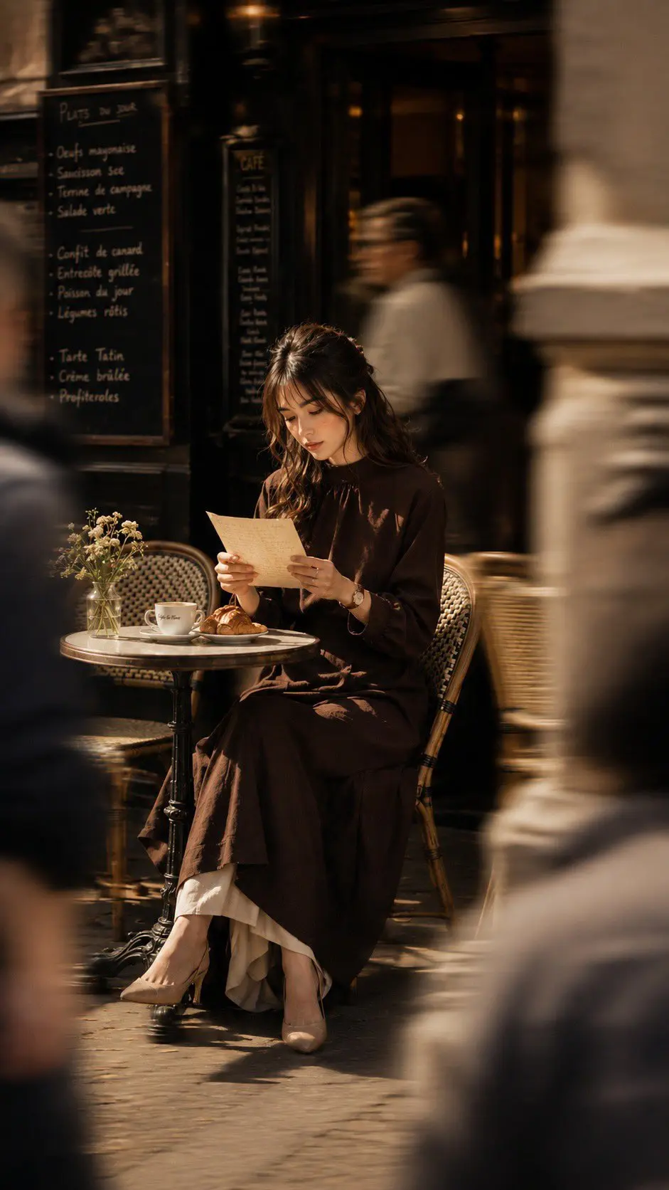 trend prompt: Ultra-photorealistic cinematic street photography of a young East Asian woman in her early 20s sitting alone at a charming old Parisian sidewalk café, captured candidly from across a busy pedestrian street. She has natural beauty, delicate facial features, soft realistic skin texture, subtle makeup, and long dark brown hair styled in loose natural waves with wispy bangs. She wears an elegant, modest dark chocolate-brown long-sleeve dress with a flowing silhouette, layered over a soft cream-colored skirt, paired with classic beige pointed-toe heels and a delicate wristwatch. She sits naturally on a vintage woven rattan café chair beside a small round marble café table, quietly reading a handwritten paper menu. On the table are a small white porcelain coffee cup and saucer, a freshly baked croissant, and a simple glass vase filled with tiny delicate dried flowers. Her expression is calm, thoughtful and slightly dreamy, completely absorbed in the moment. Composition: vertical portrait photography, full-body environmental portrait, subject centered but naturally integrated into the scene, photographed from street level through moving pedestrians. Multiple people pass very close to the camera in the foreground, creating strong natural motion blur and partially obscuring the edges of the frame, while the woman remains sharply focused. Subtle background motion blur, shallow depth of field, cinematic separation between subject and surroundings. Environment: authentic vintage Parisian café exterior, dark wooden storefront, aged black-framed windows, handwritten French chalkboard menus, warm café interior visible through glass, classic woven bistro chairs, narrow European sidewalk, old stone pavement, intimate European street atmosphere. Lighting: warm late-afternoon golden sunlight, soft directional sunlight falling naturally onto the woman and café table, warm amber highlights, deep natural shadows, subtle reflections in the windows, atmospheric golden-hour glow. Photography: shot on a full-frame professional camera, 50mm lens, f/1.8, realistic optical depth of field, cinematic exposure, natural film grain, subtle halation, soft highlight roll-off, realistic motion blur, rich warm brown and amber tones, slightly muted colors, high dynamic range, authentic analog-film aesthetic, editorial fashion photography, candid documentary feeling, extremely detailed skin, realistic hair strands, realistic fabric texture, physically accurate lighting, no artificial CGI appearance. Mood: quiet, romantic, nostalgic, sophisticated, intimate, dreamy Parisian afternoon, as if captured spontaneously by a photographer walking past the café. Negative prompt: CGI, 3D render, illustration, anime, plastic skin, overly smooth face, excessive makeup, beauty filter, distorted anatomy, extra fingers, malformed hands, duplicate people, unnatural poses, oversharpening, excessive HDR, artificial bokeh, unrealistic motion blur, text artifacts, watermark, low resolution. For a closer match to the second image Add: She rests her cheek gently against one hand while holding the menu with the other hand, looking down at it with a quiet, contemplative expression. The camera is positioned slightly farther back, with heavily blurred pedestrians crossing both sides of the foreground, creating a natural "shot through the crowd" composition