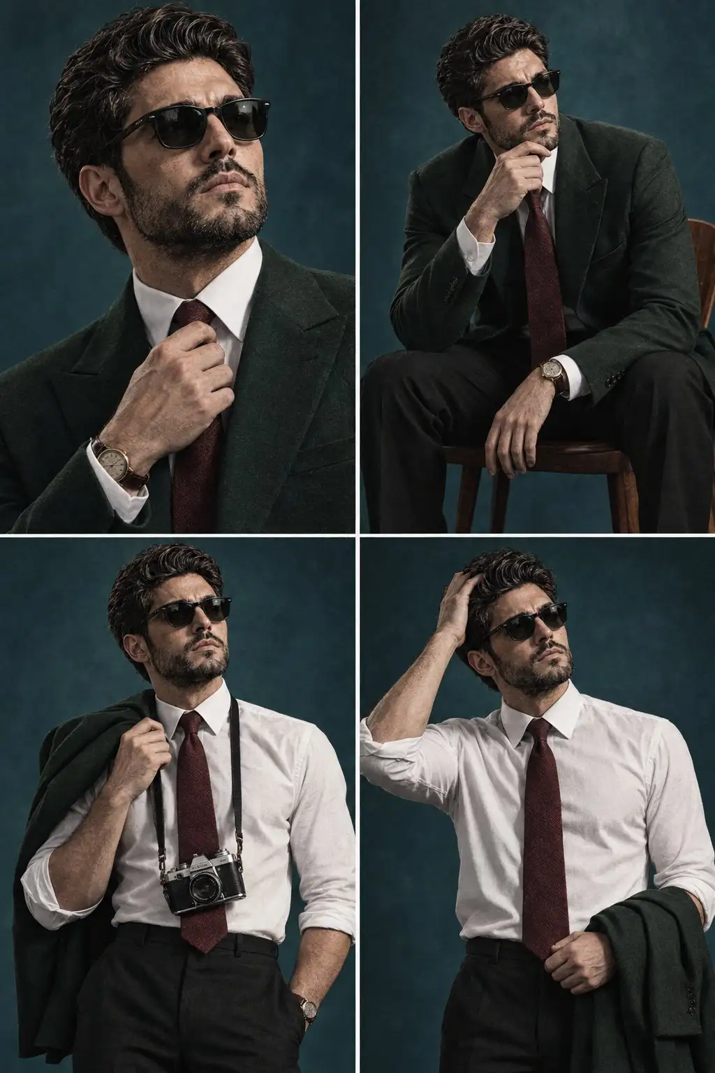 trend prompt: Create a cinematic 2×2 editorial portrait collage of the same fictional young male model, with consistent facial features and hairstyle across all four panels. He has neatly styled dark side-parted hair, sharp masculine features, clean-shaven face, and a serious, thoughtful expression. Moody 1970s-inspired corporate fashion photography, teal-blue studio background, dramatic directional lighting, subtle film grain, deep shadows, muted colors, realistic skin texture, high-end fashion editorial aesthetic. Top-left: close-up portrait, wearing a dark forest-green tailored suit, white dress shirt and burgundy tie, adjusting his tie with one hand, vintage wristwatch visible. Top-right: seated on a wooden chair, leaning forward thoughtfully with one hand near his chin, wearing the same green suit, white shirt and burgundy tie, black trousers, wristwatch visible. Bottom-left: standing confidently with the green suit jacket draped over one shoulder, sleeves rolled up, white shirt and burgundy tie, vintage film camera hanging around his neck, black trousers. Bottom-right: standing in the white shirt and burgundy tie with sleeves rolled up, green suit jacket over one arm, one hand running through his hair, contemplative expression. Symmetrical 2×2 grid layout, thin white dividers between panels, consistent character identity, realistic photography, 50mm lens look, shallow depth of field, cinematic lighting, subtle analog film texture, sophisticated vintage atmosphere, ultra-detailed, photorealistic, 4K