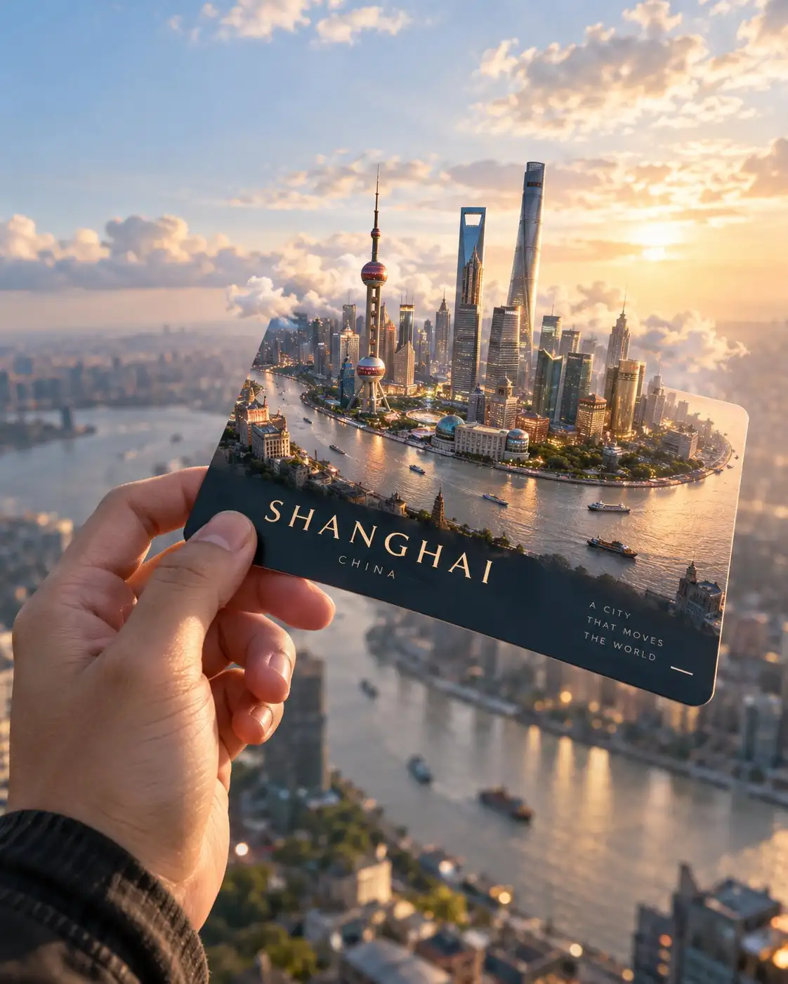trend prompt: Create an ultra-realistic cinematic 4:5 vertical travel photograph of a sleek, minimalist travel card held naturally in one hand against an expansive sky. Use [COUNTRY NAME] as the creative focus. Transform the card into a living window into the destination, with a breathtaking miniature aerial world seamlessly emerging from its surface. Feature the country's most iconic landmark, surrounded by authentic landscapes, architecture, atmosphere, and subtle details unique to the destination. Make the transition between the physical card and miniature world seamless, magical, and physically believable, as if the entire destination exists inside the card. Integrate [COUNTRY NAME] in elegant, bold uppercase typography as part of the card design. Use cinematic natural light, realistic textures, atmospheric depth, subtle reflections, dramatic perspective, soft lens falloff, and premium editorial travel-photography aesthetics. Ultra-photorealistic, 8K detail, cinematic color grading, realistic skin and materials, physically accurate lighting, luxurious, emotional, aspirational, universally beautiful. No cartoon, no illustration, no artificial CGI appearance