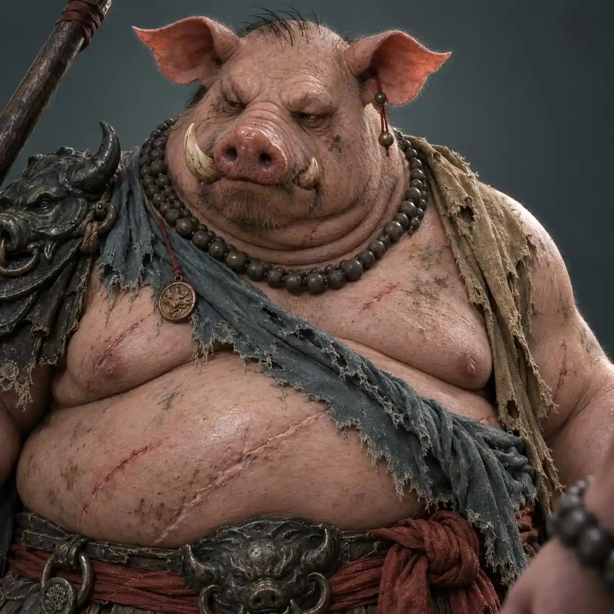 trend prompt: Subject. A square 1:1 close-range bust portrait of a grotesquely obese anthropomorphic boar warrior, facing the camera head-on with his head tilted down about 8 degrees, gaze angled toward the lower left about 20 degrees off the camera axis, heavy drooping eyelids, small deep-set eyes, a sullen weary expression with the mouth closed. Strictly porcine skull anatomy: a sloping backward forehead, a broad upturned snout with forward-facing nostrils catching a wet highlight, deep folds of flesh stacked between the jaw and the chest, no human brow ridge and no human eyebrows. Two tusks curve up and outward from the lower jaw, their bases sunk into folds of the lower lip and not touching the upper lip. Pink ears fanned up and outward, thin enough that light passes through the upper edges. Sparse black bristles around the muzzle and chin. Pose and framing. The figure fills the frame, occupying about 92% of frame height and 75% of width, head center placed at the upper quarter of the image and about 3% left of center, ear tips about 8% below the top edge, cropped at the hips just below the belt knot. A staff shaft enters diagonally from the upper left corner at about 55 degrees, occupying roughly 15% of the upper-left area; in the lower right corner, a fragment of a second figure's pink forearm and beaded bracer occupies about 8% of the frame, both slightly out of focus. Costume and material. Bare torso, sagging pectorals, a massively distended belly. A faded blue-gray torn cloth sash runs from his left shoulder across the chest to the opposite hip, its edges frayed into loose threads; a ragged khaki cloth drapes over the other shoulder and hangs in torn strips. Several strands of dark gray bead necklaces rest against the base of the neck and the hollow of the collarbone, not floating. A dark green-black beast-head pauldron with curling horns sits on the shoulder at the left edge of the frame. A large beast-face metal belt buckle sits low center under the shadow of the belly, beside a thick brick-red cloth belt tied in a bulky knot at the lower right. Material-specific rendering. Skin rendered as high-end 3D sculpt: visible pores, subsurface scattering in the ears and nostril rim, wet specular on the snout tip, dry matte on the belly. Across the chest and belly, scattered old pale scars and thin fresh red cuts, plus smears of grime. Cloth rendered with individual broken fibers along every torn edge. Metal fittings rendered with dull worn patina, no clean chrome. The transition between wet snout and dry cheek happens gradually across roughly a thumb's width, no hard boundary. Light. Key light from 11 o'clock at about 55 degrees elevation, moderately diffused, soft-edged shadows under the snout and chin retaining faint detail. A rim light from roughly 4 o'clock behind traces a narrow bright edge along the far shoulder and upper arm. Medium contrast; the brightest points are the wet snout tip and the near forehead. Color. Deep gray-green background around #414a4b covering about 25%; pink flesh from #d99a8e to #c98276 about 40%; faded blue-gray cloth around #4f5a58 about 12%; khaki cloth around #b39a6d about 8%; brick red belt around #8f3a30 about 5%; dark green-black metal fittings around #2e3634 about 10%. Red appears only in the belt, the ear cord, and the fresh cuts. Finish. Studio backdrop with zero environmental detail, fully blurred to a smooth gradient slightly brighter at center. Moderately creamy depth of field with the focal plane on the face and chest. Collectible-figure product-render finish, no film grain, no vignette. Fingerprint details. A thin red cord with two small beads hangs behind the ear on the right side of the frame and rests on the trapezius, with nothing hanging behind the other ear. A small copper-toned round medallion on a thin red cord hangs inside the sash over the left chest, its face turned slightly outward, held about two fingers' width off the skin. The two tusks are asymmetric: the one on the left of the frame is longer and thicker with its tip angling up and out, the one on the right is noticeably shorter and sits closer to the lip. Only six to eight sparse black bristles on the crown, laid backward, not forming a hairstyle, with bare scalp visible between the ears. Avoid. Human forehead or human eyebrows on the porcine face, symmetric matching tusks, a full head of hair, clean undamaged cloth, any background scenery or props behind the figure, cartoon or toy-like plastic shading, crushed pure-black shadows, extra fingers on the partial hand at the lower right