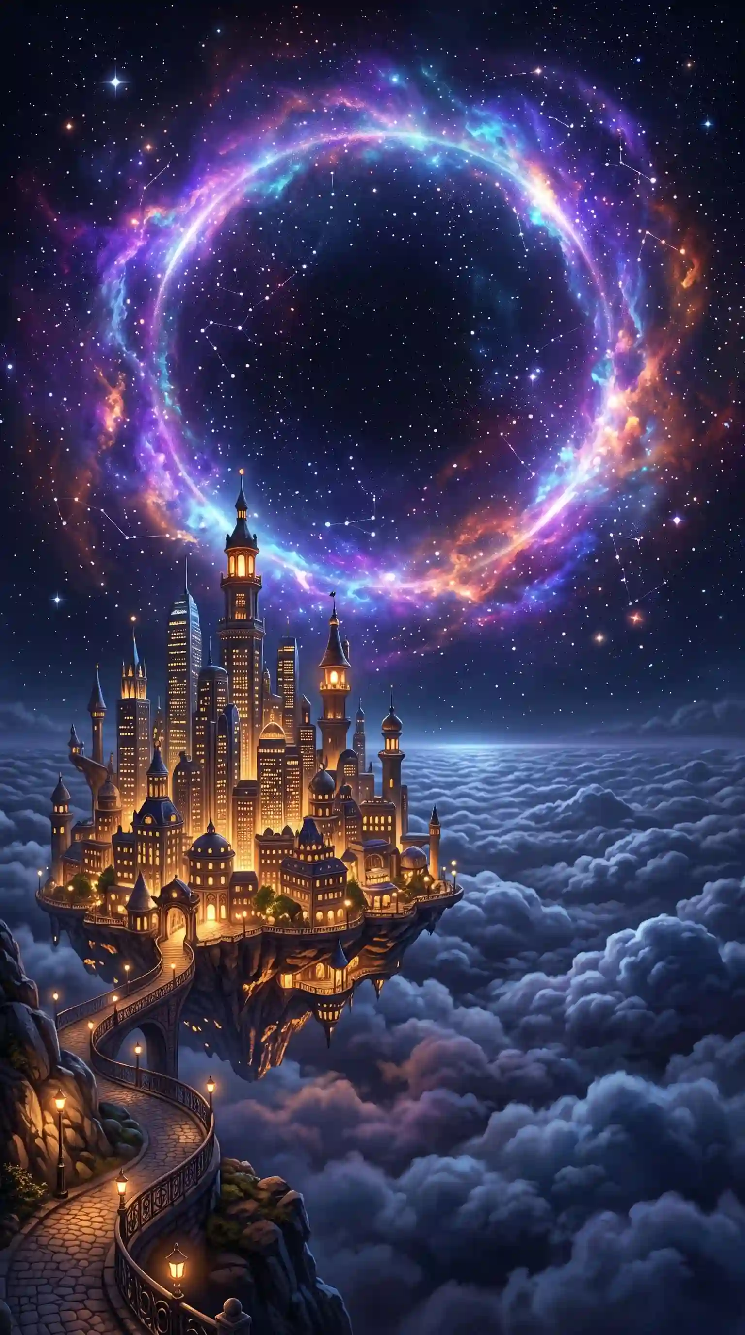 trend prompt: An enchanting digital illustration of a cityscape suspended above a sea of fluffy, nocturnal clouds under a magical sky. In the foreground, a dense cluster of towering skyscrapers, their windows illuminated by warm golden lights, create a glowing urban skyline. The city appears to rest on a thick, rolling blanket of dark blue and grey clouds that stretch out into the distance. Above the city, the night sky transforms into a celestial wonder: a massive, luminous ring of a colorful nebula encircles a dark, star-filled void. The nebula glows with vibrant hues of deep purple, electric blue, and fiery orange, studded with distant twinkling stars and constellations, creating a dreamy, otherworldly atmosphere. Prompt 2: A breathtaking vertical view of a futuristic metropolis floating gracefully above an endless sea of dense, rolling dark grey clouds at twilight. The sprawling city skyline features numerous towering skyscrapers with glowing windows that cast warm amber and orange lights onto the urban landscape below. Dominating the upper portion of the frame is a magnificent cosmic ring, a glowing circular nebula composed of vibrant purples, deep blues, and brilliant warm golden hues, sprinkled with countless twinkling stars and distant galaxies across the pitch-black night sky. The composition is balanced and majestic, with the dark cloud layer grounding the lower foreground, contrasting sharply with the radiant cosmic phenomenon above. The lighting is surreal and ethereal, blending the warm artificial glow of the city lights with the cosmic luminescence of the nebula. The atmosphere is quiet, awe-inspiring, and mystical, evoking a sense of interstellar wonder and urban isolation. The detailed textures of the soft, voluminous clouds, the sleek glass and steel architecture of the skyscrapers, and the starry cosmic dust create a high-contrast, visually striking scene
