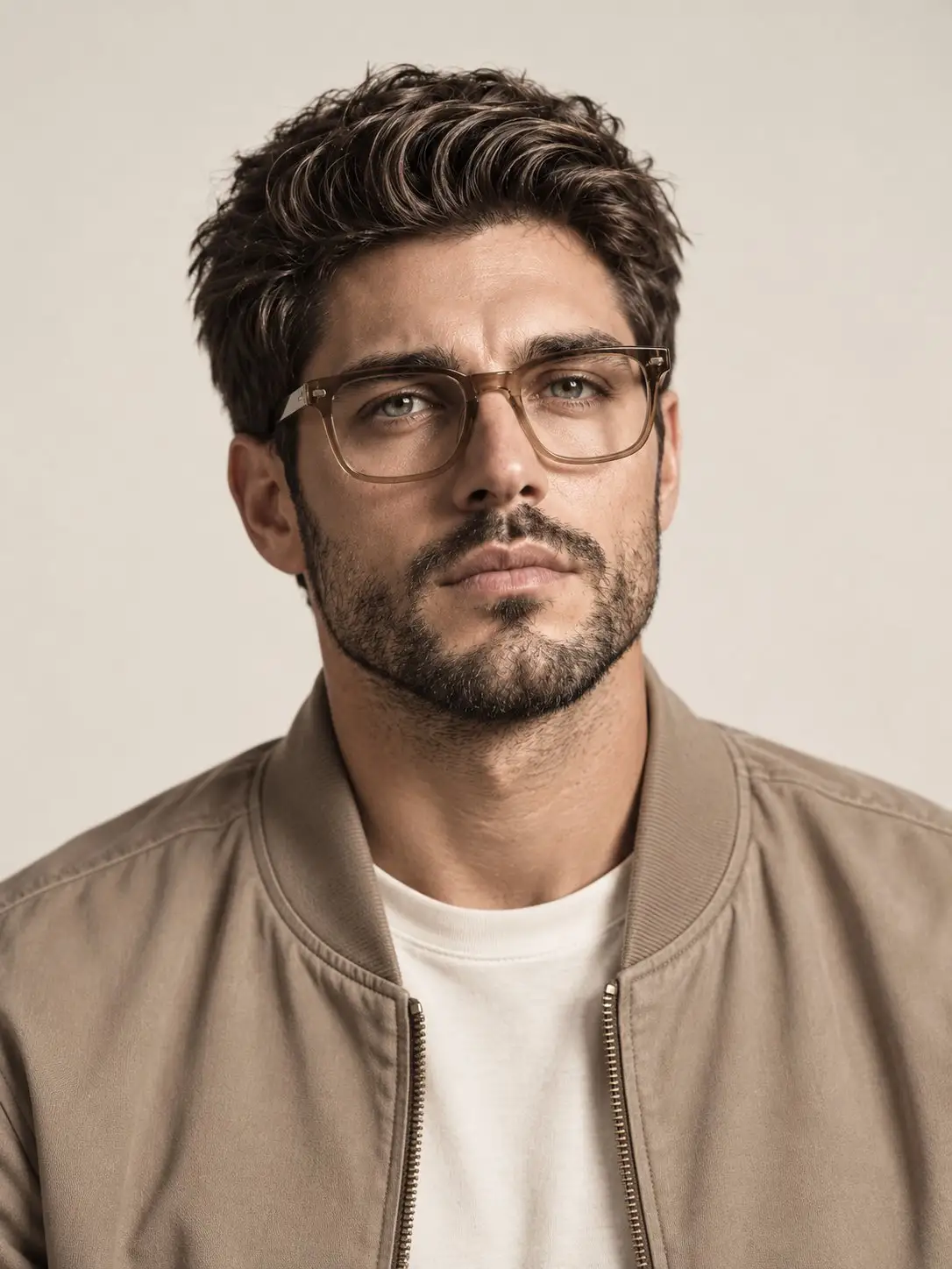 trend prompt: Photorealistic professional studio portrait of a handsome Caucasian man in his late 30s, short neatly styled dark brown hair with a subtle side sweep, light stubble and a well-defined jawline, wearing large rectangular vintage-inspired transparent brown/amber eyeglasses. He has a calm, confident, serious expression, looking directly at the camera. Dressed in a minimalist beige/taupe bomber jacket over a plain off-white crew-neck T-shirt. Upper-body composition, shoulders and chest visible, centered symmetrical framing. Warm neutral color palette, soft diffused studio lighting, subtle shadows, clean off-white background, natural skin texture, realistic facial details, premium fashion editorial photography, 85mm portrait lens, shallow depth of field, crisp focus on eyes and face, cinematic yet natural, high-end commercial photography, ultra realistic, 4K detail