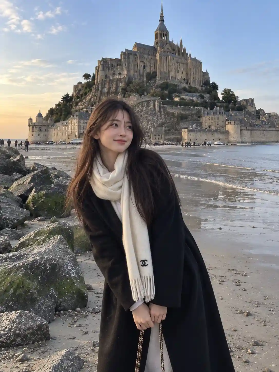 trend prompt: A photorealistic candid travel portrait of a young East Asian woman standing on a quiet sandy shoreline beside large moss-covered rocks, with a magnificent historic stone abbey and medieval castle-like architecture rising dramatically on a rocky island behind her. She has long straight dark brown hair falling naturally over one shoulder, soft youthful facial features, and a gentle warm smile while looking directly at the camera. She is wearing a long oversized black coat with her hands casually tucked inside the pockets, layered over a light-colored outfit. A large soft cream-white scarf is wrapped warmly around her neck, hanging down the front with a small black designer-style emblem near the end. A delicate chain shoulder bag is partially visible. The composition captures her in the foreground while the vast historic abbey dominates the background, surrounded by ancient stone walls, rocky cliffs, sandy tidal flats, and a calm coastal atmosphere. A few small distant vehicles and people add realistic scale to the scene. Soft natural evening light and a clear pale blue sky create a peaceful European travel mood. Ultra-realistic photography, authentic candid travel photo, natural skin texture, realistic fabric details, soft cinematic lighting, subtle smartphone camera aesthetic, slightly dreamy color grading, natural proportions, detailed architecture, peaceful coastal atmosphere, vertical composition, 3:4 aspect ratio