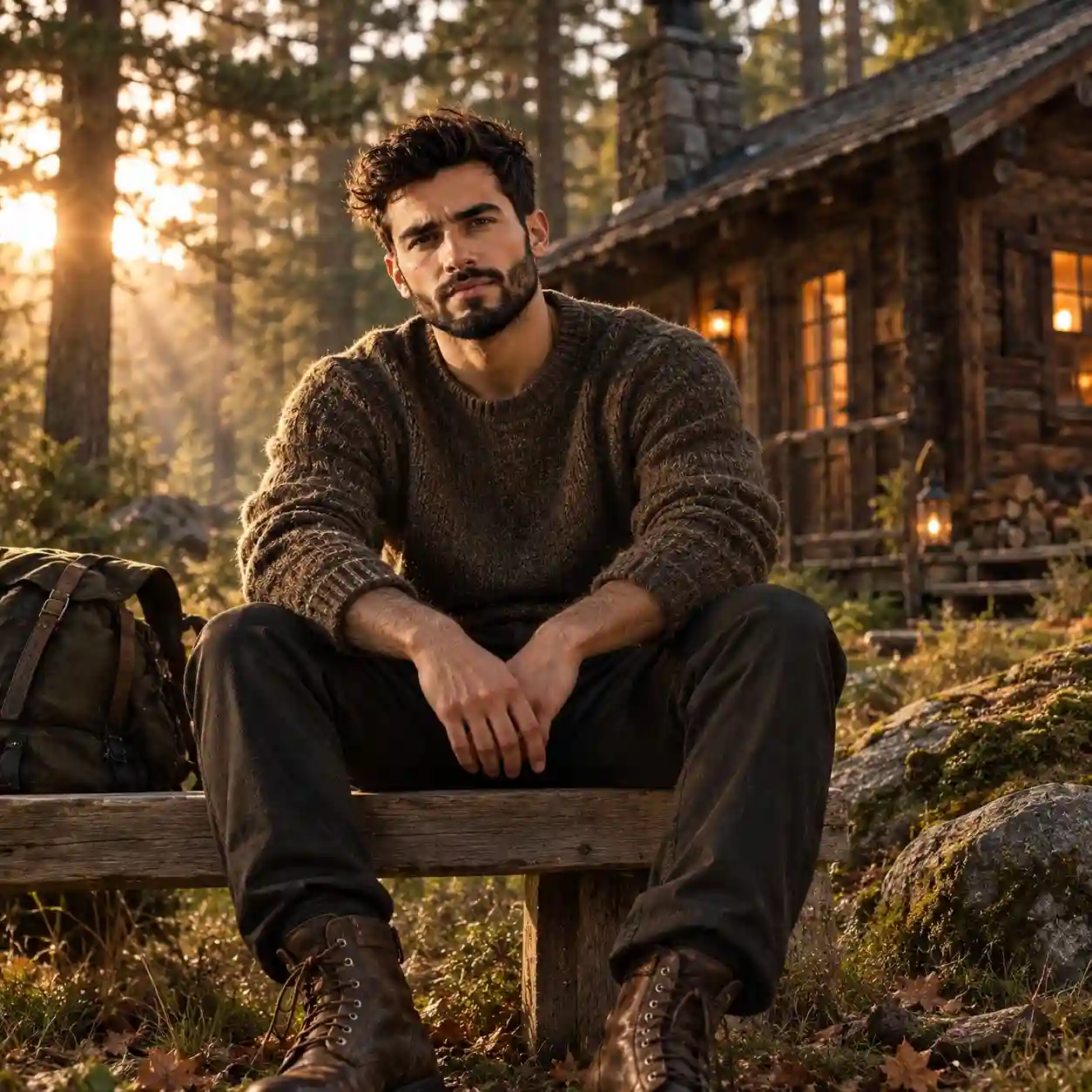 trend prompt: Ultra-realistic cinematic editorial photograph of a strikingly handsome young man in his early 20s sitting casually outside a charming rustic wooden cabin deep in a peaceful pine forest. He has thick, naturally wavy jet-black hair, strong well-defined eyebrows, deep expressive dark-brown eyes, a straight sculpted nose, prominent cheekbones, a sharp masculine jawline, and subtle natural stubble. He wears a stylish earthy-toned knit sweater, dark trousers, and rugged leather boots. He sits on a simple wooden bench beside the cabin, surrounded by towering pine trees, moss-covered rocks, wild grass, and scattered fallen leaves. Warm golden-hour sunlight filters beautifully through the pine branches, creating soft rays and cinematic shadows. Rustic cabin with wooden walls, stone chimney, small glowing windows, and a cozy natural atmosphere in the background. Moody yet peaceful wilderness aesthetic, photorealistic skin texture, realistic fabric details, shallow depth of field, natural color grading, soft atmospheric haze, cinematic composition, 85mm lens, f/1.8, ultra-detailed, 8K, premium fashion editorial photography, no women, no text, no watermark