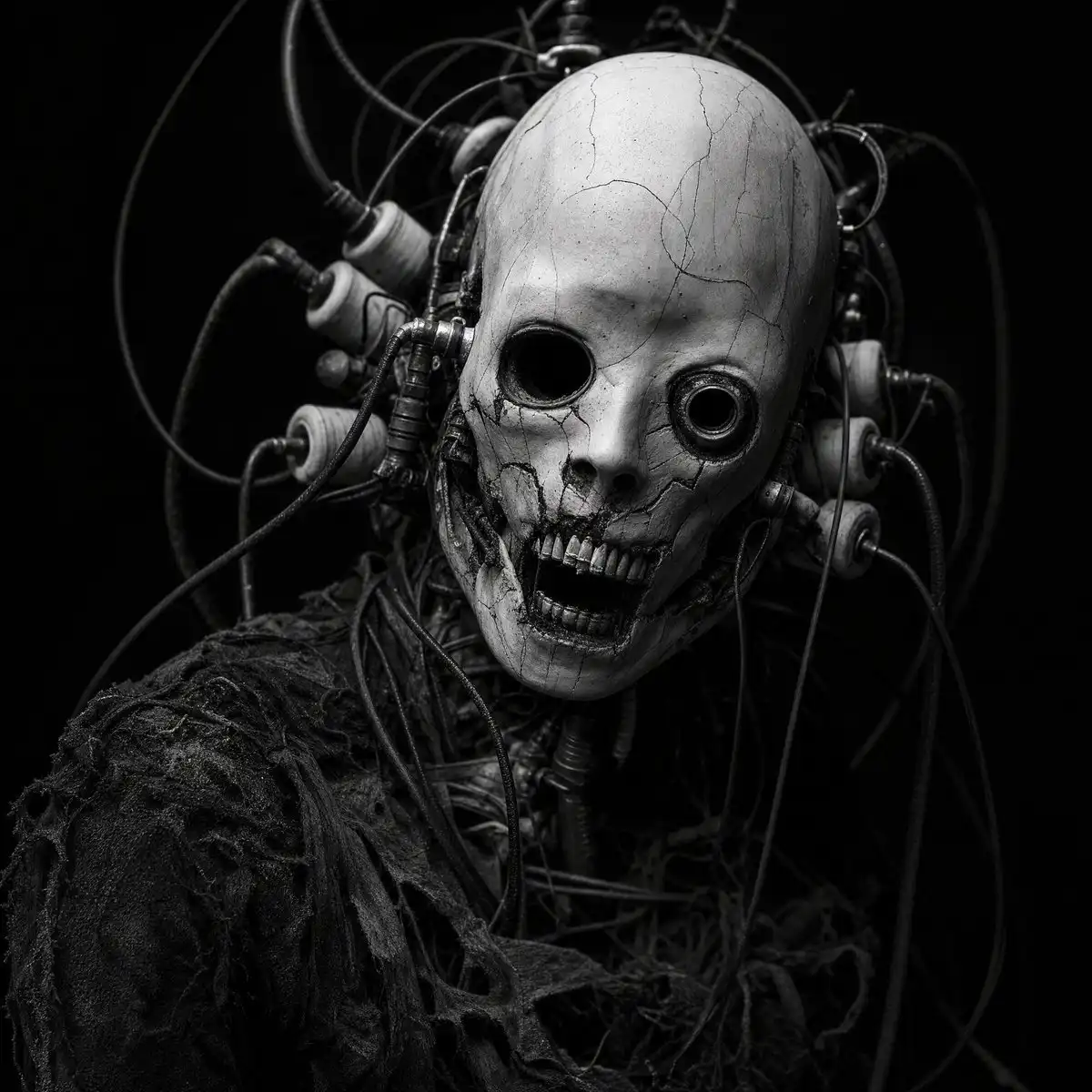 trend prompt: Cybernetic horror portrait, gaunt humanoid figure with cracked porcelain-white skull-like mask, mismatched hollow eye sockets (one sunken void, one recessed metallic ring), jagged exposed teeth, surrounded by a chaotic tangle of thick black cables and industrial bobbin/coil attachments wired into the head, tattered dark fabric top, dramatic low-key lighting, deep black background, high contrast monochrome, horror photography, cinematic, hyperdetailed texture, 85mm lens, shallow depth