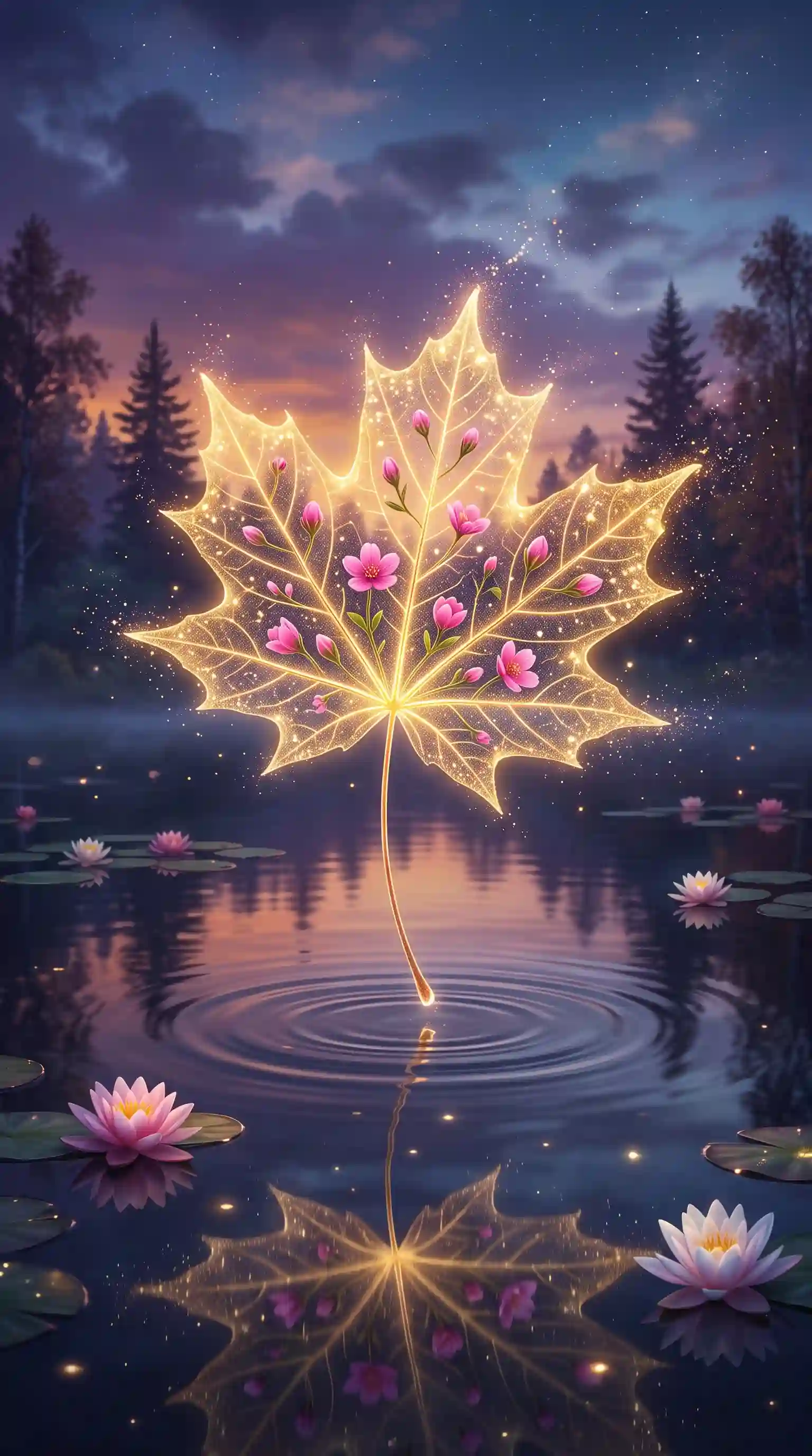 trend prompt: An enchanting and surreal digital art piece featuring a translucent, golden maple leaf hovering magically above the surface of calm, dark water. The leaf glows from within with a warm, ethereal light, its delicate veins clearly visible. Inside the translucent structure of the leaf, tiny, vibrant pink flowers and closed buds are embedded, appearing to bloom within its very veins. The tips of the leaf are edged with a sparkling, golden glitter that drifts into the air like magic dust. The leaf's stem extends downward, just touching the water's surface, creating concentric ripples that spread outward. Below the water, a reflection of the glowing leaf and stem is faintly visible. The background is a dreamy twilight forest with silhouetted pine trees against a soft, gradient sky of purple, orange, and blue. Several pink water lilies float on the dark water, adding to the serene and magical atmosphere. Prompt 2: A majestic, ethereal maple leaf made of translucent, crystalline material floats delicately above a serene dark pond. The leaf is intricately detailed with glowing veins and is embedded with small, soft pink cherry blossom flowers and buds that seem to grow directly from its structure. Golden, shimmering magical dust particles swirl around the leaf, casting a warm, radiant glow. The tip of the leaf stem gently touches the water surface, creating perfect concentric ripples that reflect the light. The background features a dreamy, out-of-focus forest landscape at dusk, with hints of silhouetted trees and a soft gradient sky ranging from deep twilight blues to pale pinks. Floating pink lotus flowers rest on the calm water surface in the foreground and mid-ground. The lighting is soft, cinematic, and magical, highlighting the glassy textures and bioluminescent quality of the scene. The composition is centered, vertical, and symmetrical, evoking a sense of tranquility, mystical nature, and fairy-tale beauty, rendered with hyper-realistic digital art precision