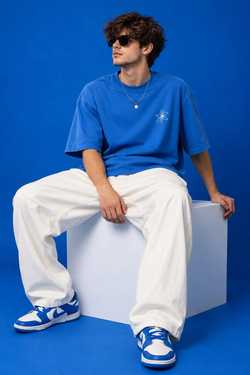 trend prompt: 2:3 vertical streetwear editorial, young male model seated on a large white cube, legs positioned apart, one hand resting beside him, wearing black sunglasses, oversized bright-blue T-shirt, very loose white trousers, blue-white sneakers. Solid cobalt-blue studio background and floor. Sony A7R V, 50mm lens, f/4, eye-level perspective, soft diffused lighting, subtle shadow, realistic skin texture, natural proportions, detailed cotton fabric, crisp premium streetwear photography with strong color-blocker composition