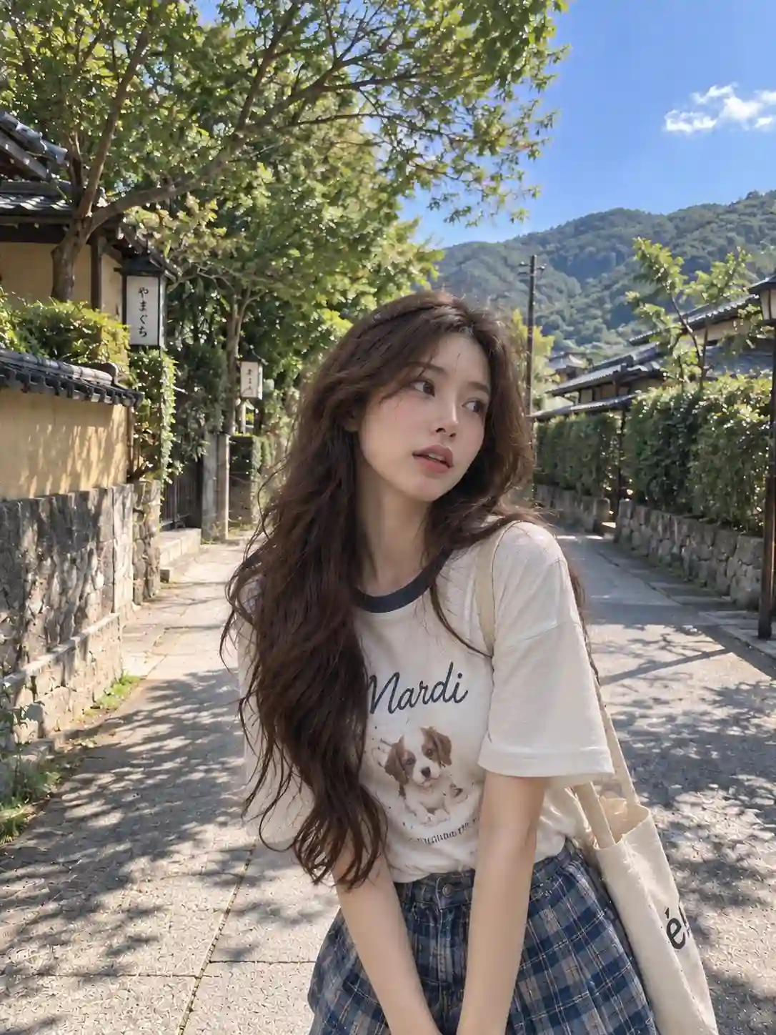 trend prompt: ULTRA-REALISTIC NATURAL SMARTPHONE PHOTOGRAPH, vertical 3:4, candid summer afternoon in a peaceful Japanese neighborhood. Use the uploaded image as the exact visual reference for the same young East Asian woman, preserving her facial features, hairstyle, skin tone, body proportions and overall appearance. She is standing outdoors on a quiet tree-lined path surrounded by lush green trees, trimmed hedges, traditional residential buildings and distant green hills under a clear blue sky. She wears a delicate light-colored lace camisole with thin straps and a loose black cardigan draped naturally over both shoulders and upper arms. Her pose is relaxed and candid, body slightly turned away from the camera while she looks naturally to the side with a soft thoughtful expression. The black cardigan must clearly cover both shoulders, sitting naturally over her shoulders and upper arms rather than slipping below them. One hand lightly holds the cardigan near her shoulder. Natural bright sunlight, realistic shadows, subtle skin texture, authentic smartphone camera look, slight lens distortion, imperfect framing, realistic colors, fine details, no beauty filter, no artificial skin smoothing, no CGI, no illustration, no anime, photorealistic everyday travel snapshot