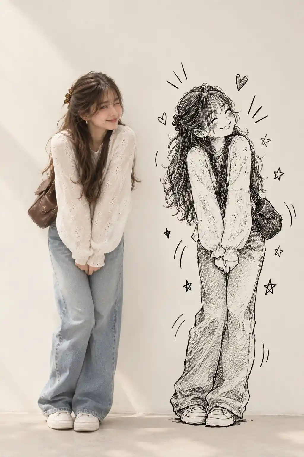 trend prompt: Use the uploaded reference image as the strict identity and outfit reference. Preserve the face, facial features, skin tone, hairstyle, hair colour, accessories, outfit, and overall vibe exactly as shown. Create a high-quality vertical (4:5 or 9:16) mixed-media portrait featuring: A realistic full-body version of the person. A black hand-drawn doodle-shadow of the same person on the wall beside them. The real person should look cute, slightly embarrassed, playful, and naturally copying a new random mischievous pose each generation. The doodle-shadow should perform the same pose idea in a much more exaggerated, chaotic, cartoonish way, with manga motion lines, stars, hearts, and sparkles. Use a clean white/cream studio wall, minimal background, soft natural lighting, and keep both figures fully visible. The doodle should clearly resemble the real person through hairstyle, accessories, outfit silhouette, and pose. Negative Prompt: outfit changes, identity changes, realistic second person, normal shadow, horror, anime human, cluttered background, repeated pointing or finger-gun poses, stiff pose, extra limbs/fingers, distorted body, text, watermark, logo, AI artifacts
